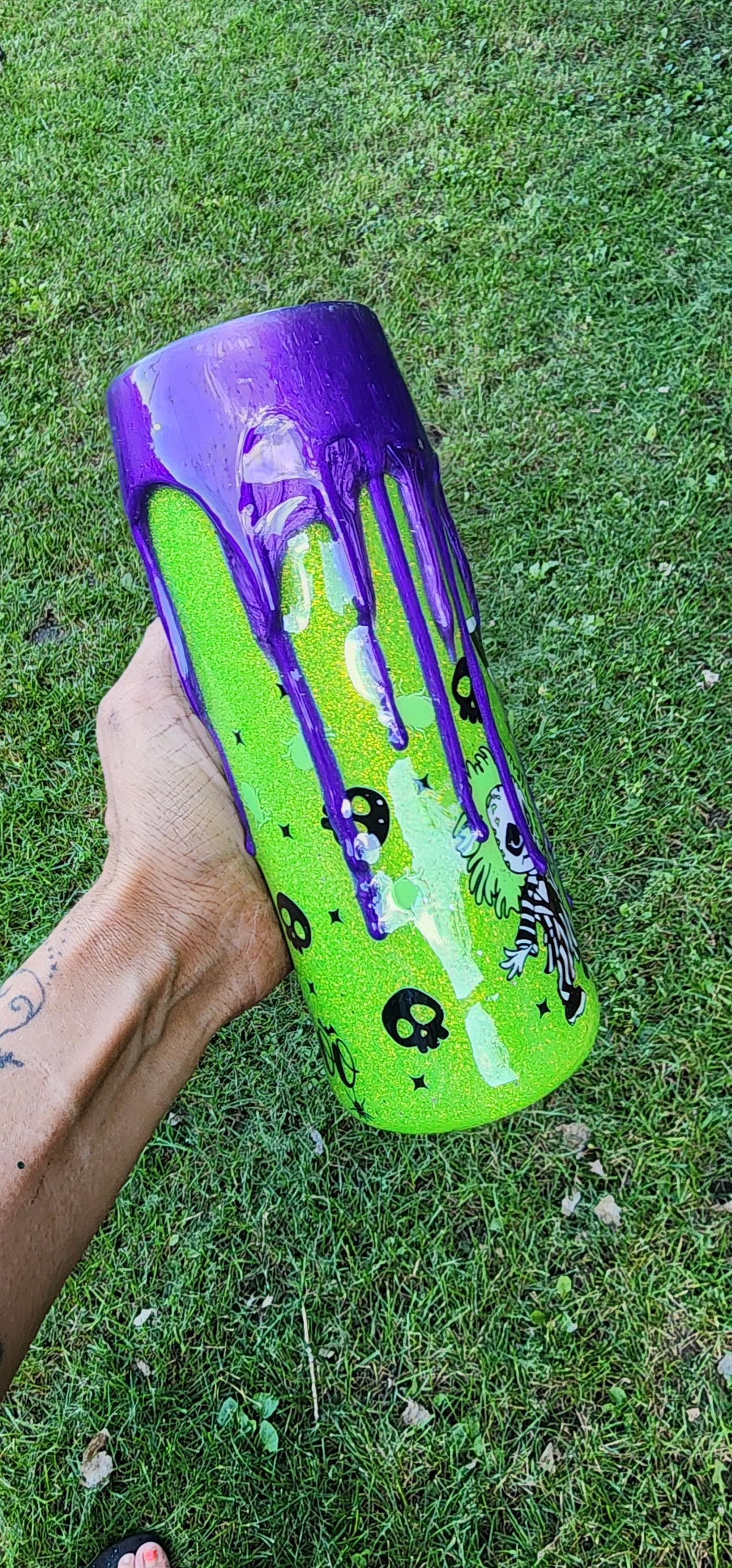 Beetlejuice Epoxy Drip Tumbler – Neon Green & Purple Creepy Cute Horror Cup | Handmade Halloween Drinkware and Spooky Movie Fan Gift - Thumbnail 4