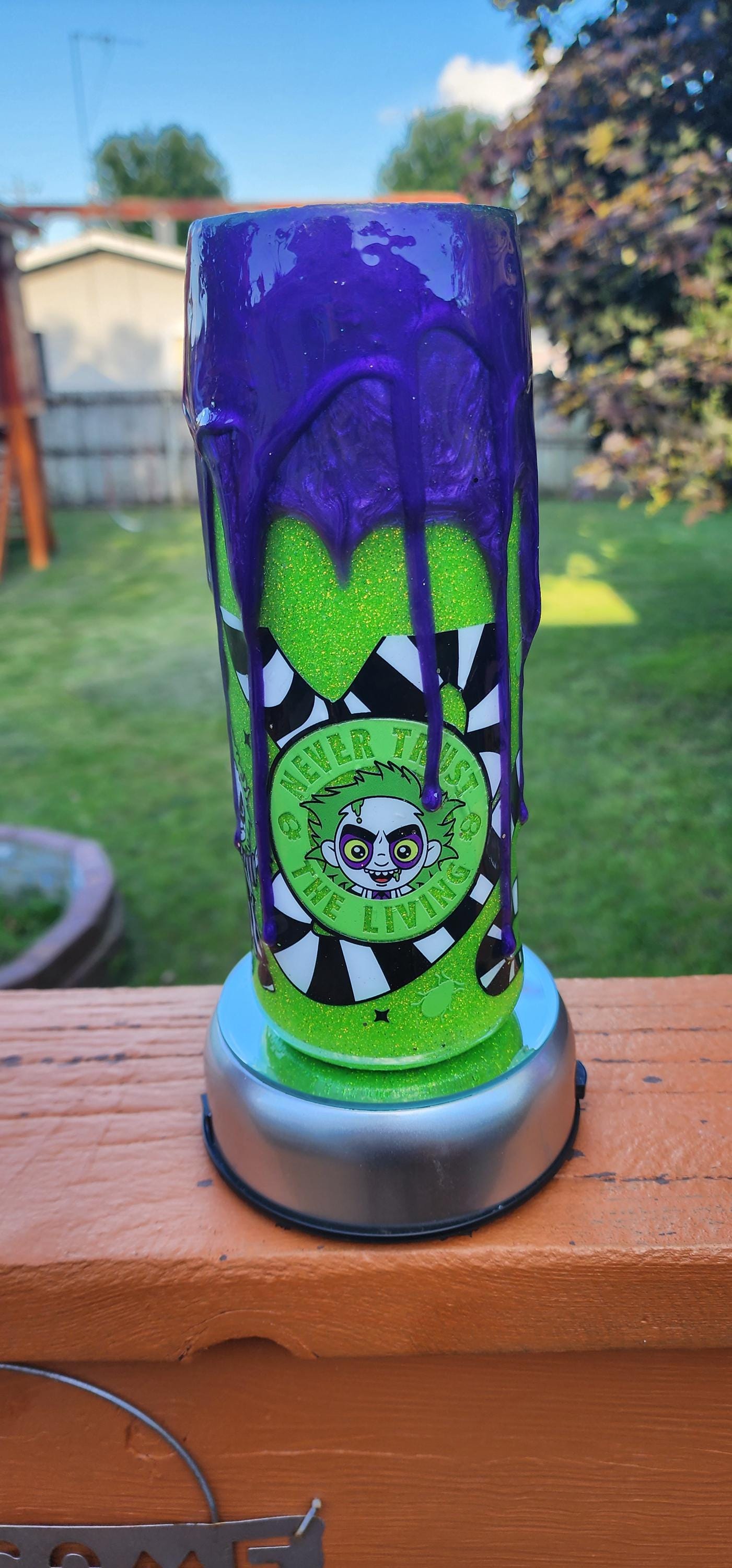Beetlejuice Epoxy Drip Tumbler – Neon Green & Purple Creepy Cute Horror Cup | Handmade Halloween Drinkware and Spooky Movie Fan Gift - Thumbnail 5