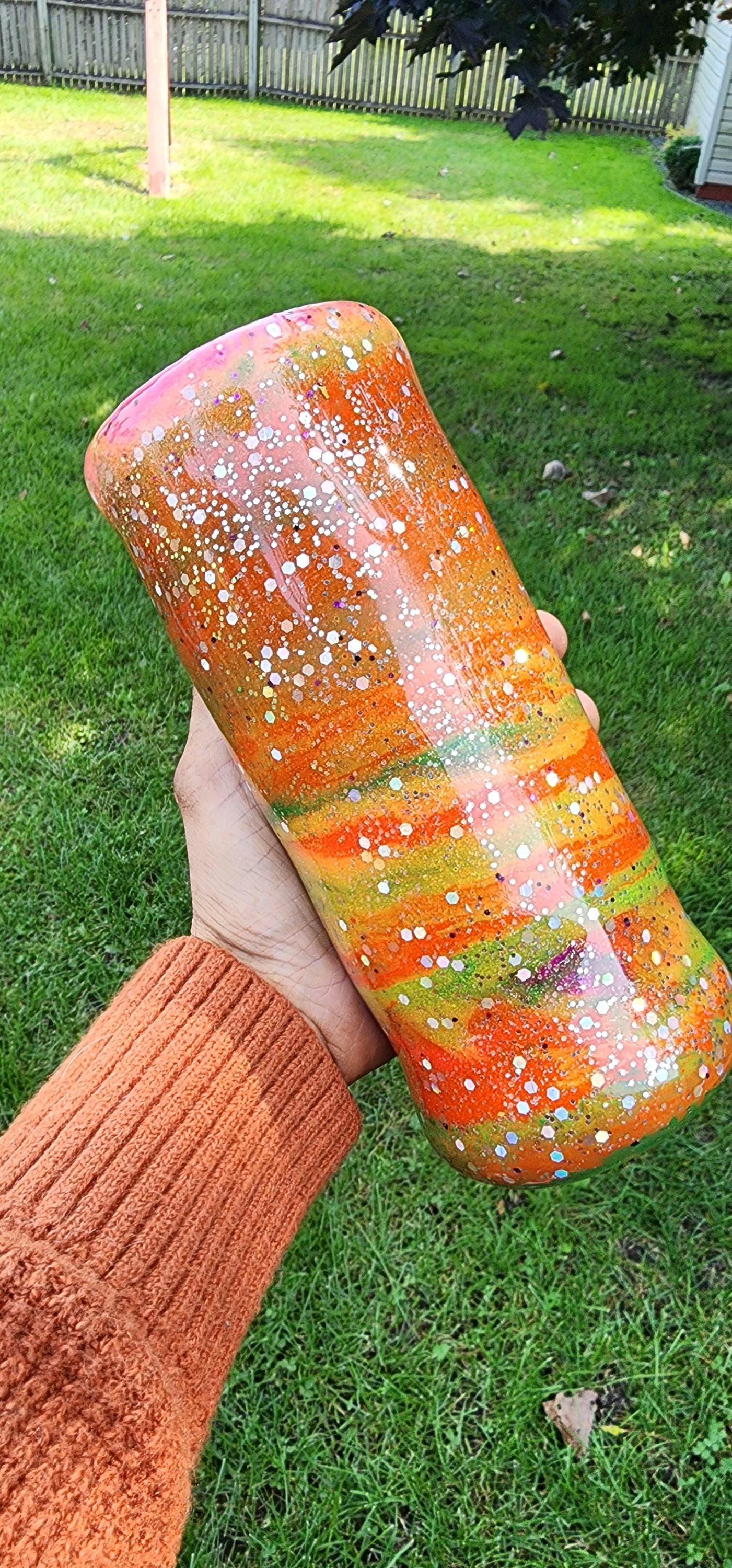 Tie-Dye Attitude Cup – Orange, Pink & Green Glitter Epoxy Tumbler | ‘Fuck Off’ Custom Drinkware - Thumbnail 7