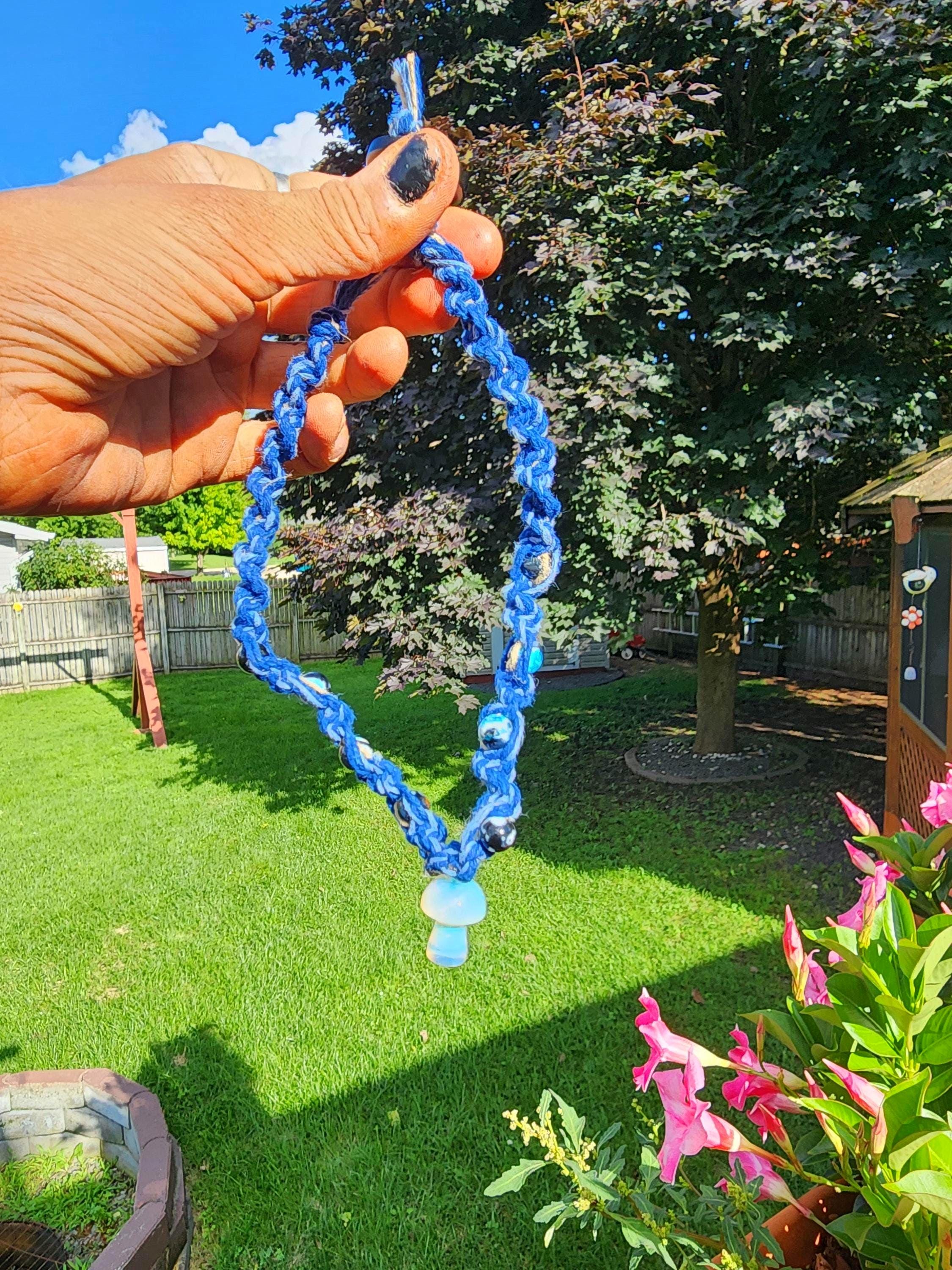 Handmade Blue Hemp Necklace: Pearlescent Mushroom Bead