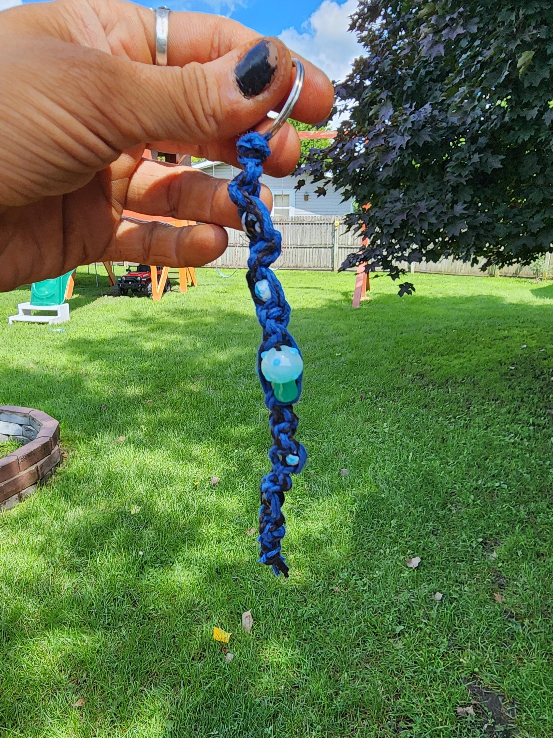 Hemp Keychain: Black & Blue Braid with Greenish-Blue Mushroom Charm