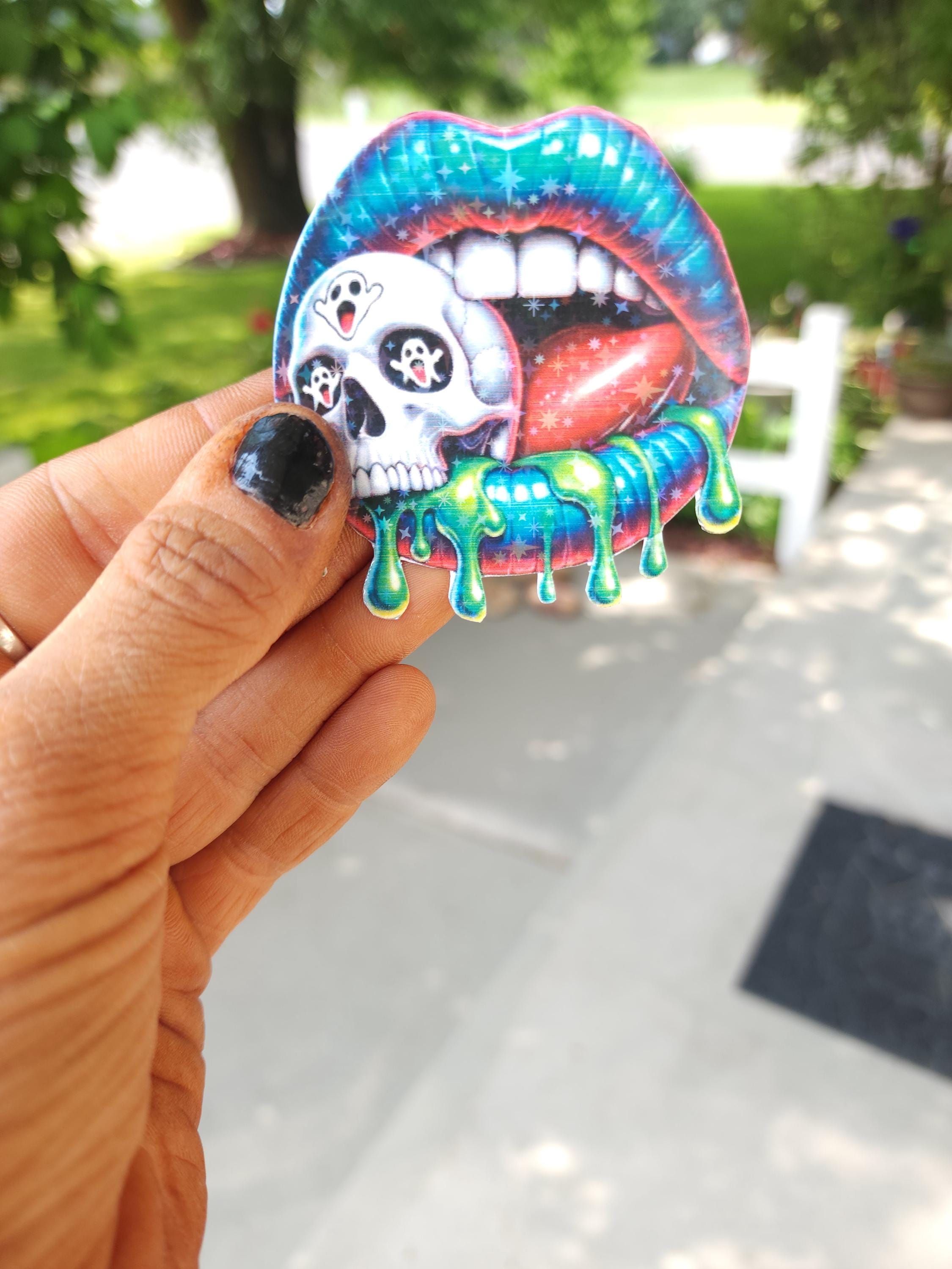 Kiss of Death – Blue & Green Lips with Skull Vinyl Sticker | Gothic Glam Aesthetic for Baddies, Weirdos and Rule Breakers - Thumbnail 4