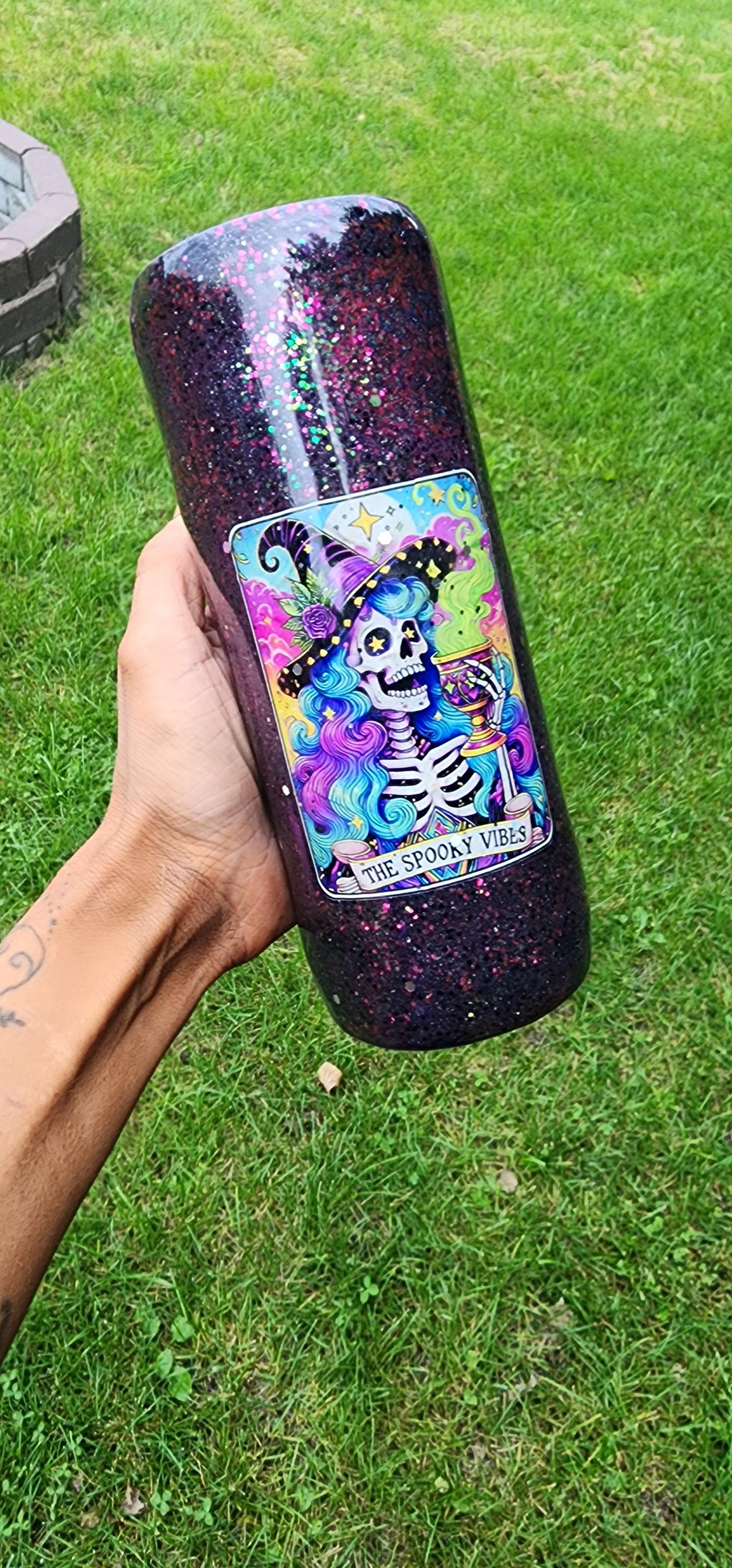Spooky Vibes Epoxy Glitter Tumbler – Creepy Cute Halloween Cup, Witchy Gothic Stainless Steel Mug, Handmade Coffee Drinkware Gift - Thumbnail 3