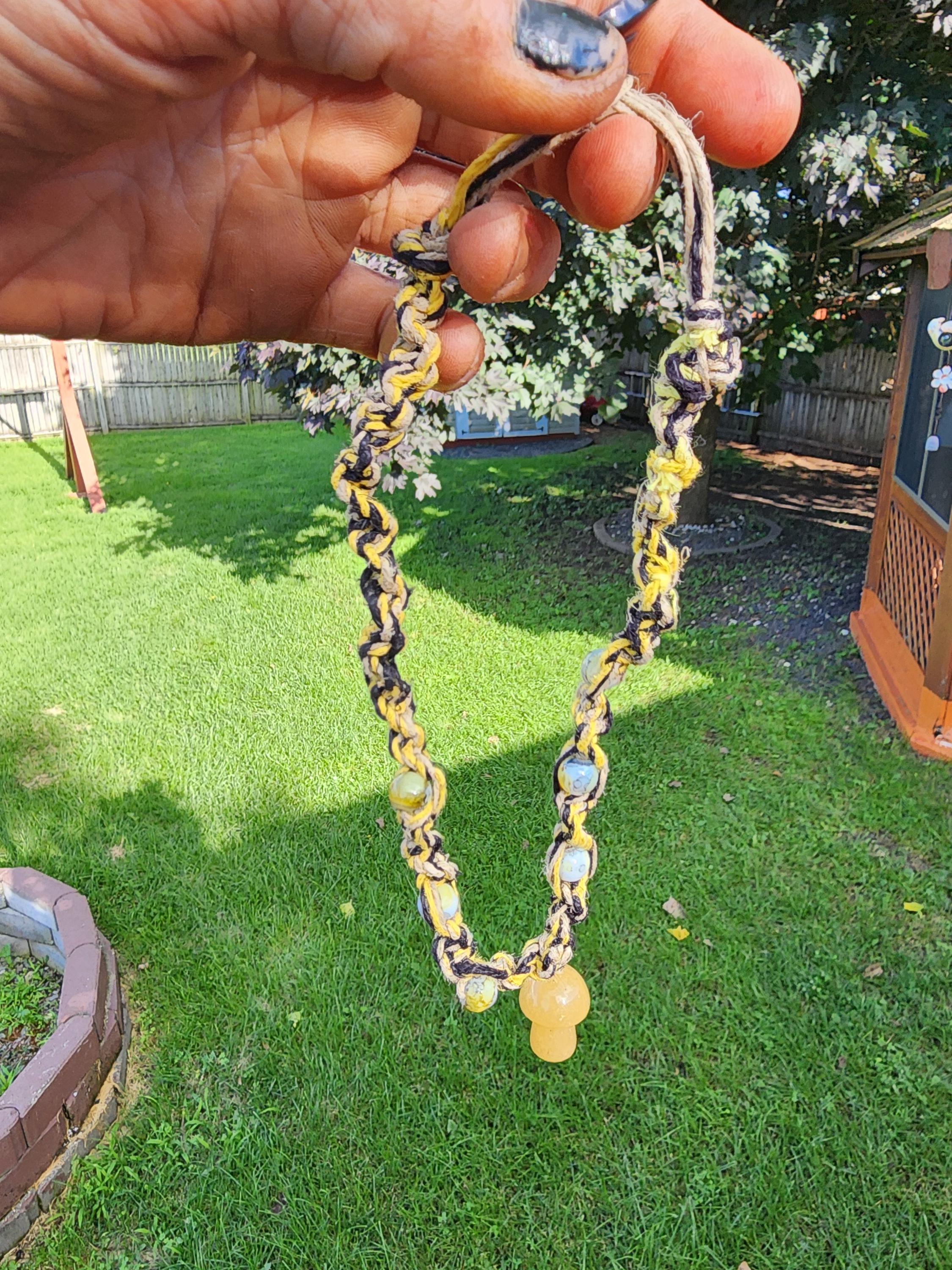 Hemp Necklace with Yellow Glass Mushroom Bead - Ecofriendly Black, White & Yellow Boho Jewelry for Men and Women - Thumbnail 2