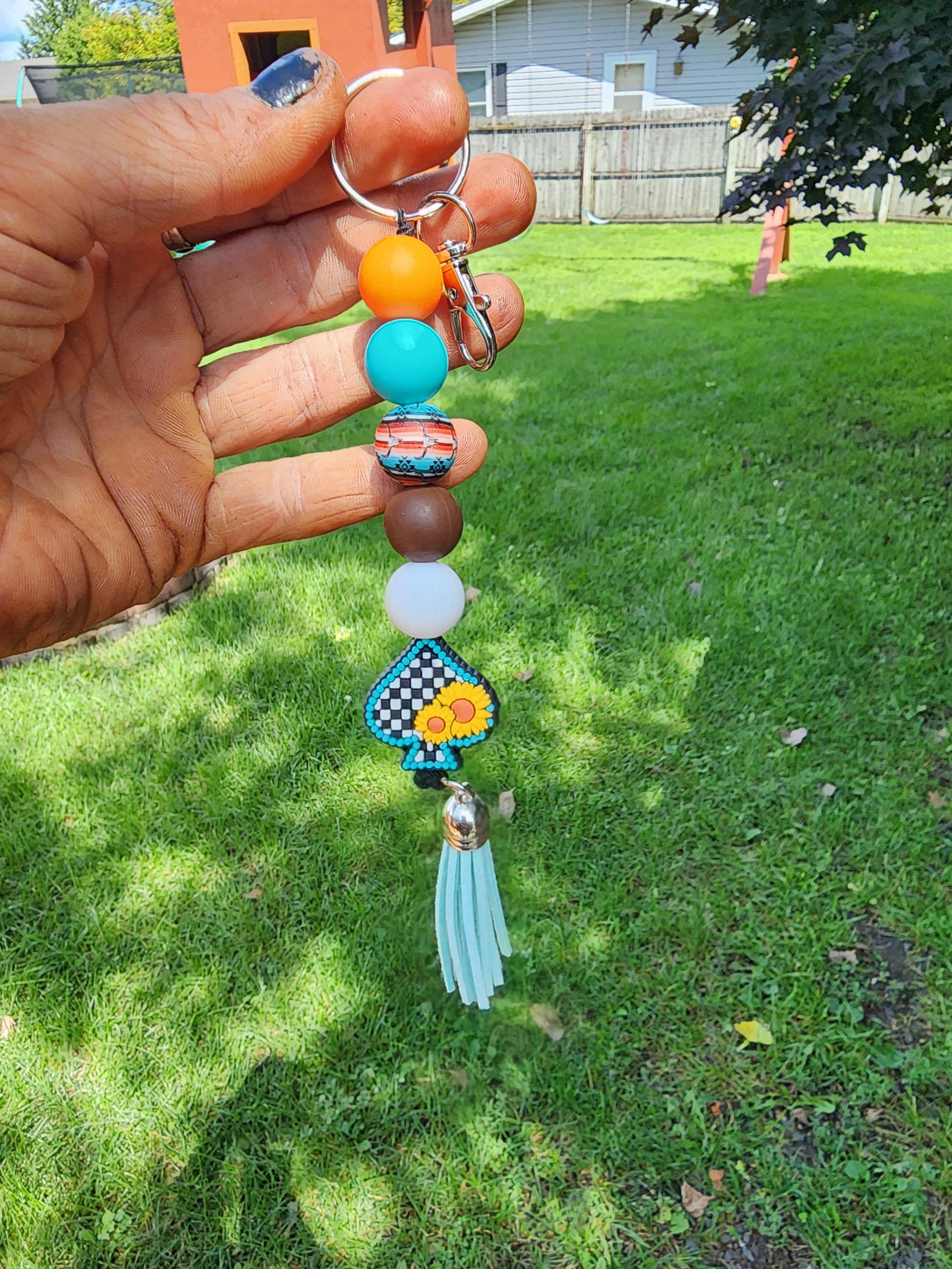 Beaded Keychain: Checkered Spade Charm, Retro Orange Teal Brown - Thumbnail 3