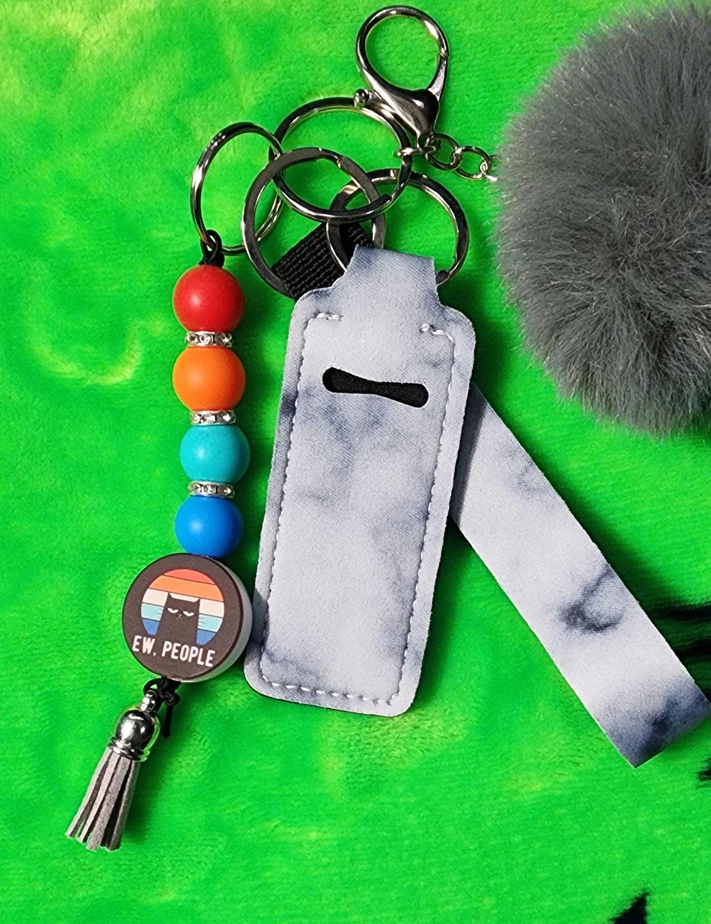 Ew People Cat Keychain Set | Funny Cat Lover Keychain with Pom, Lanyard & Hand Sanitizer Holder | Sassy Anti-Social Energy