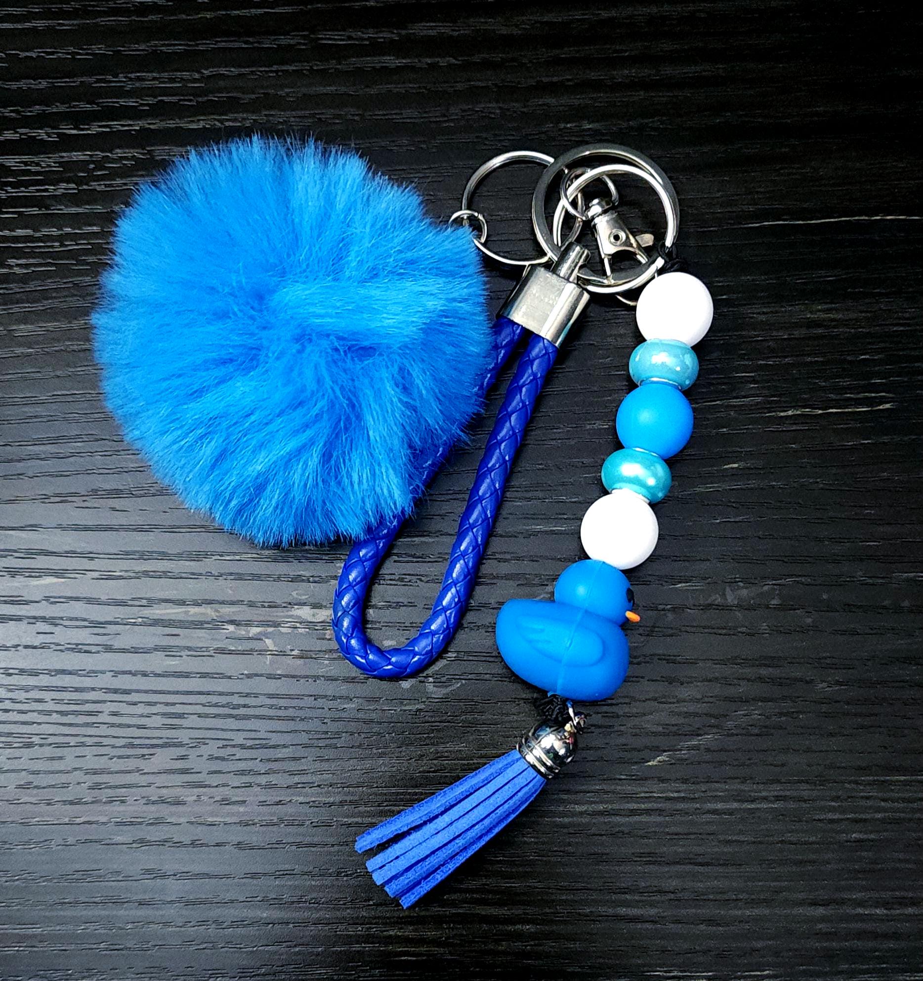 Duck Keychain Wrist Lanyard: Acrylic Charm & Faux Fur Pom Pom - Thumbnail 2