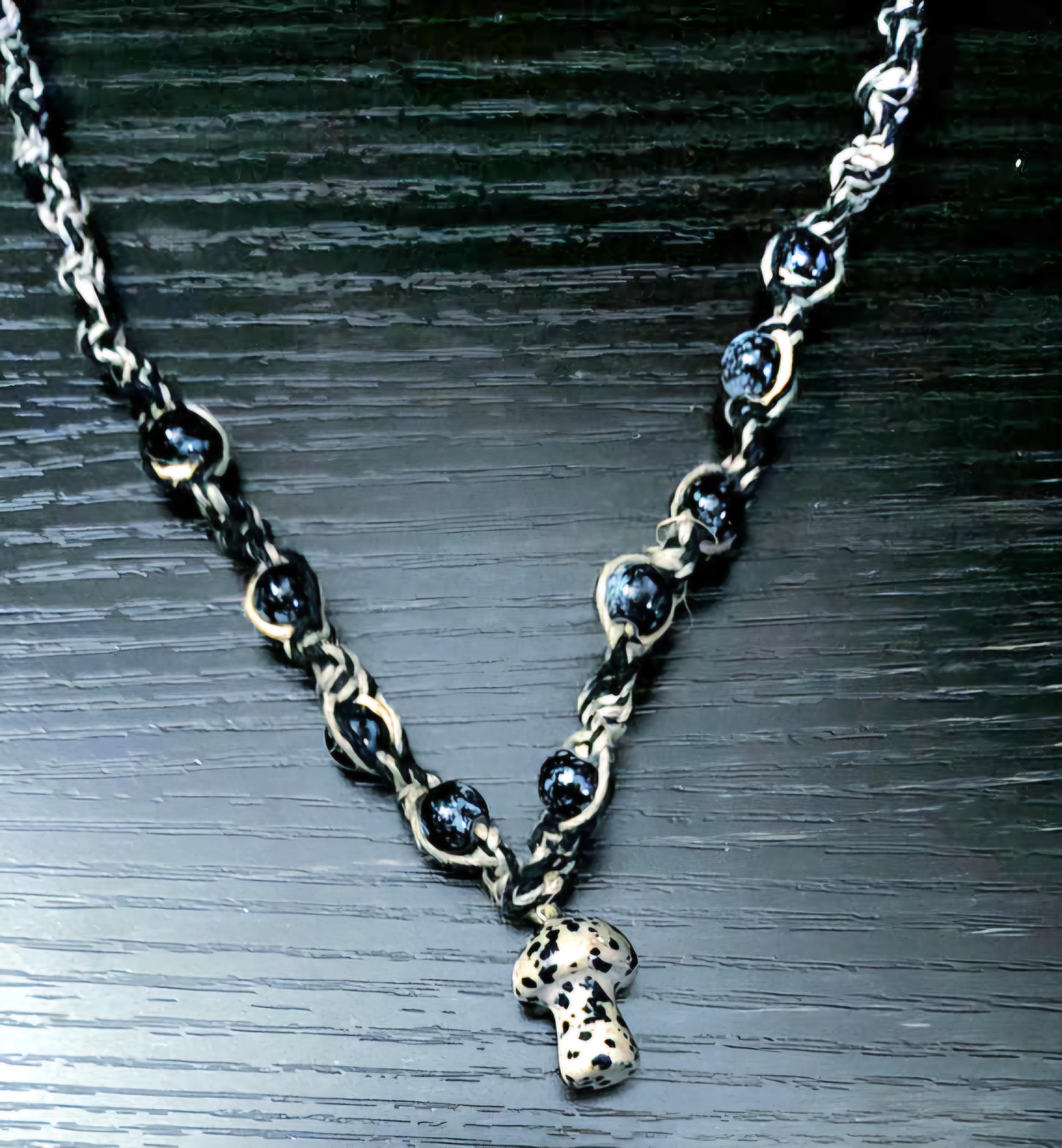 Handmade Hemp Necklace: Tan & Black Cord with Glass Mushroom Bead - Thumbnail 4