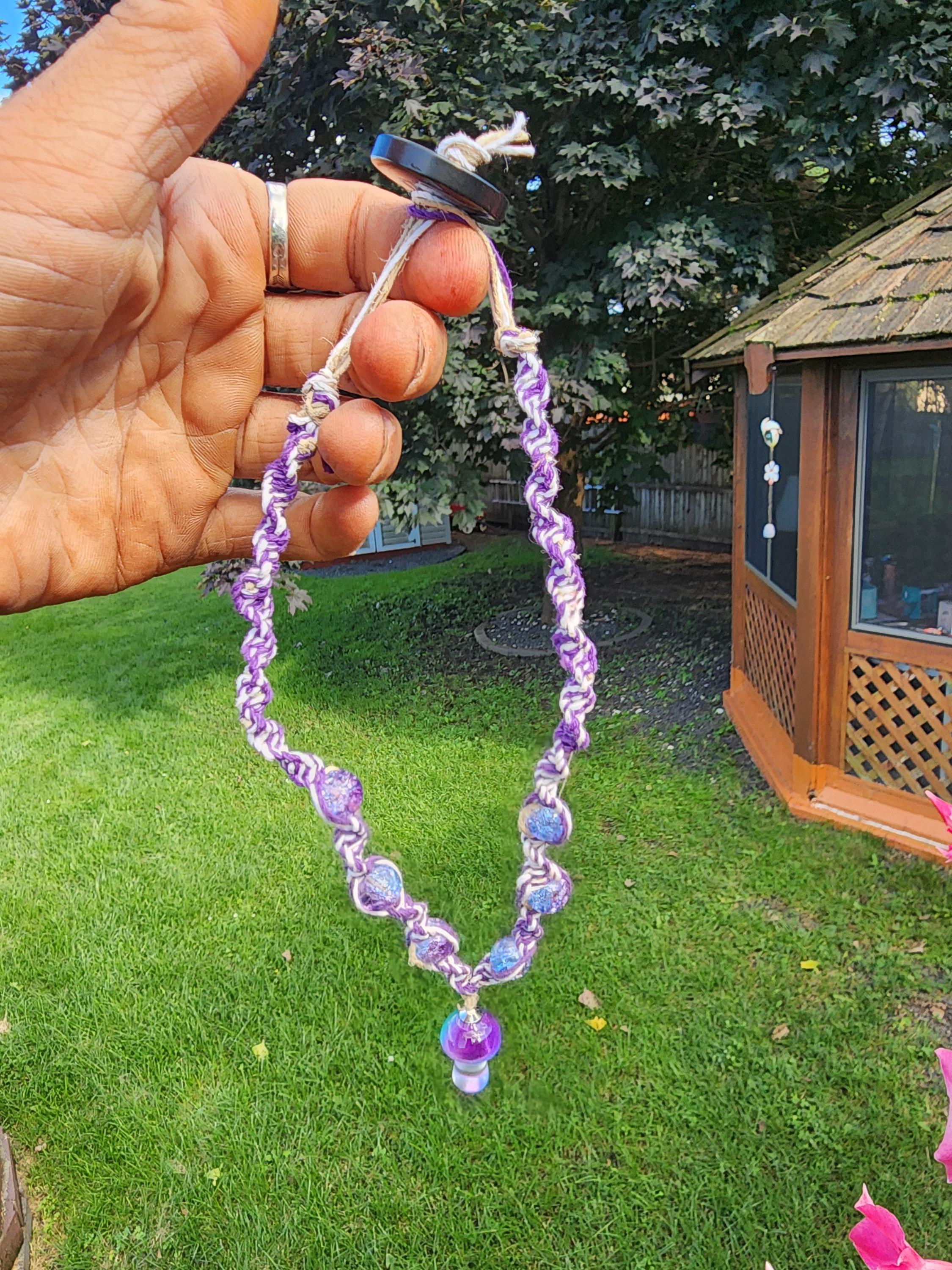 Handmade Purple Hemp Necklace: Glass Mushroom Bead - Thumbnail 3