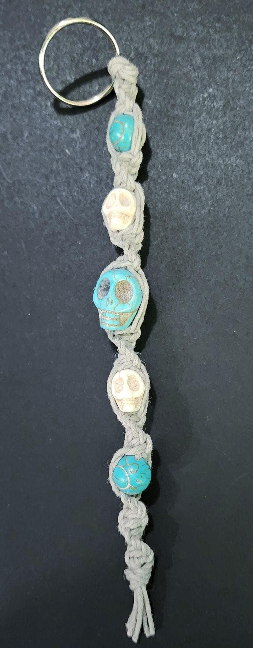 Handmade Hemp Skull Keychain: Turquoise & White - Thumbnail 3