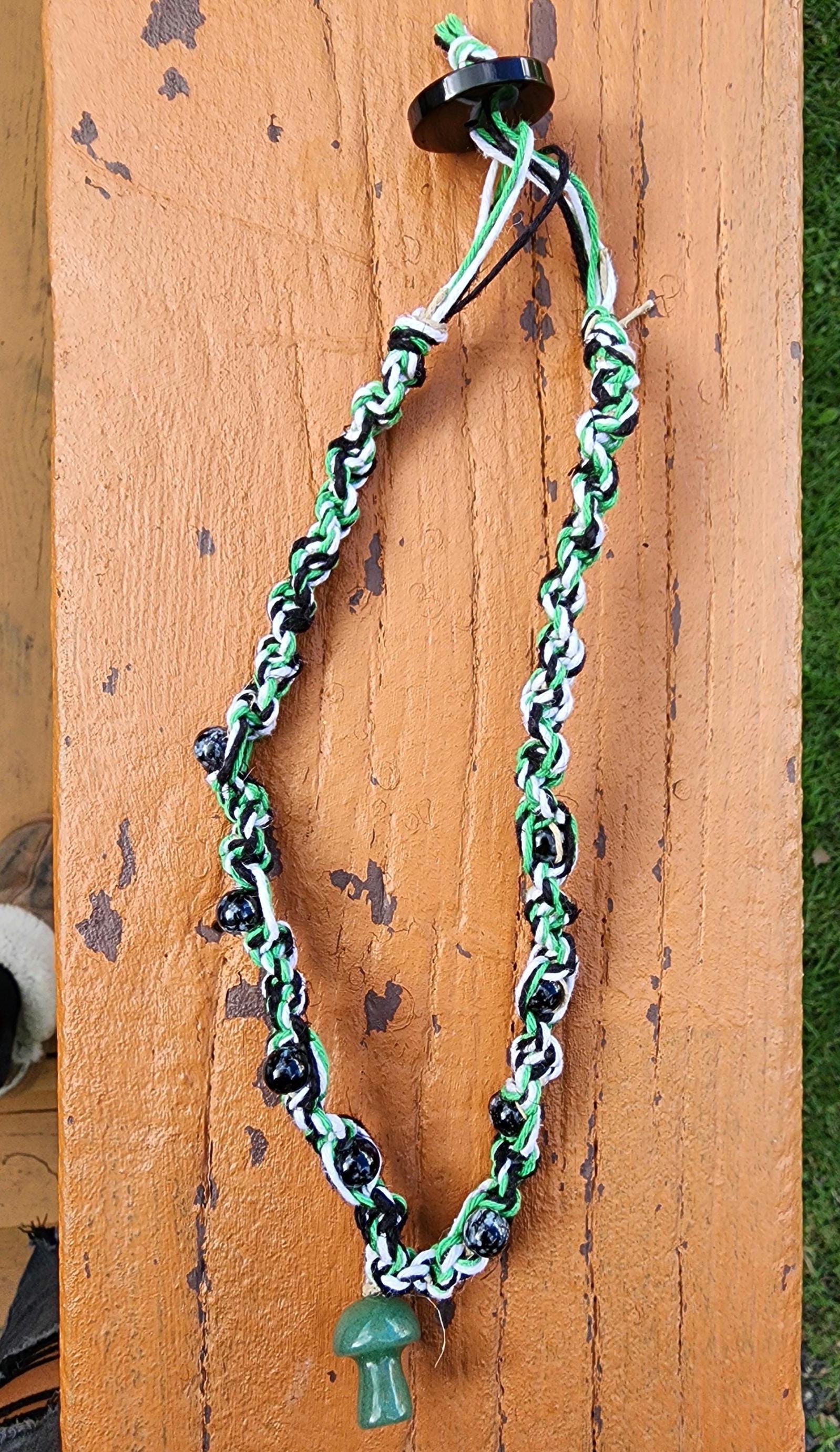 Handmade Hemp Necklace: Green Glass Mushroom Bead - Thumbnail 4