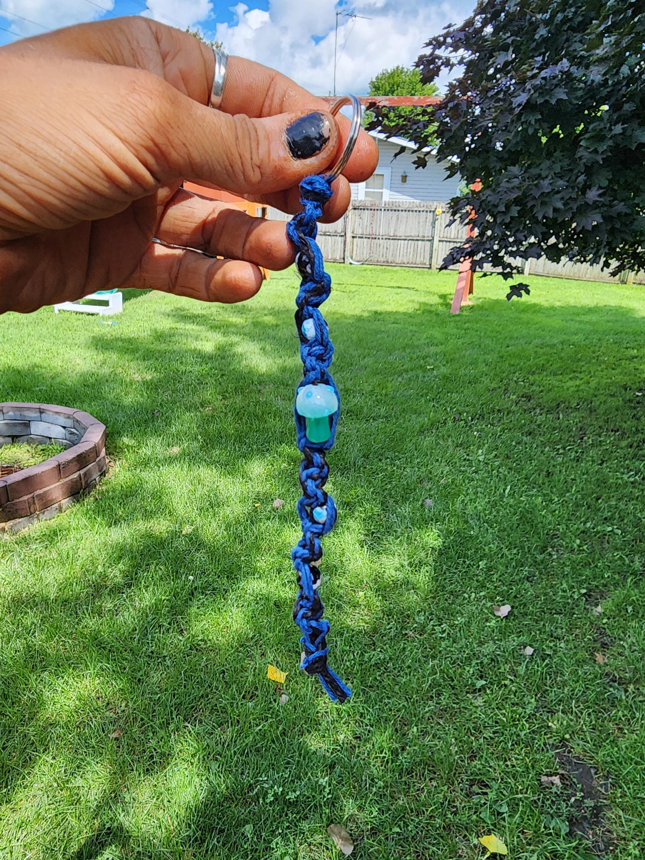 Hemp Keychain: Black & Blue Braid with Greenish-Blue Mushroom Charm - Thumbnail 6