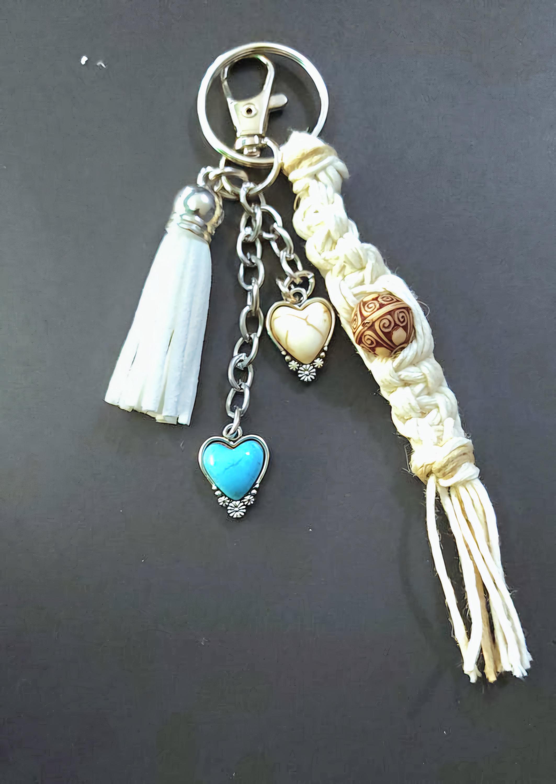 Handmade Hemp Keychain: Heart Charms & Glass Beads