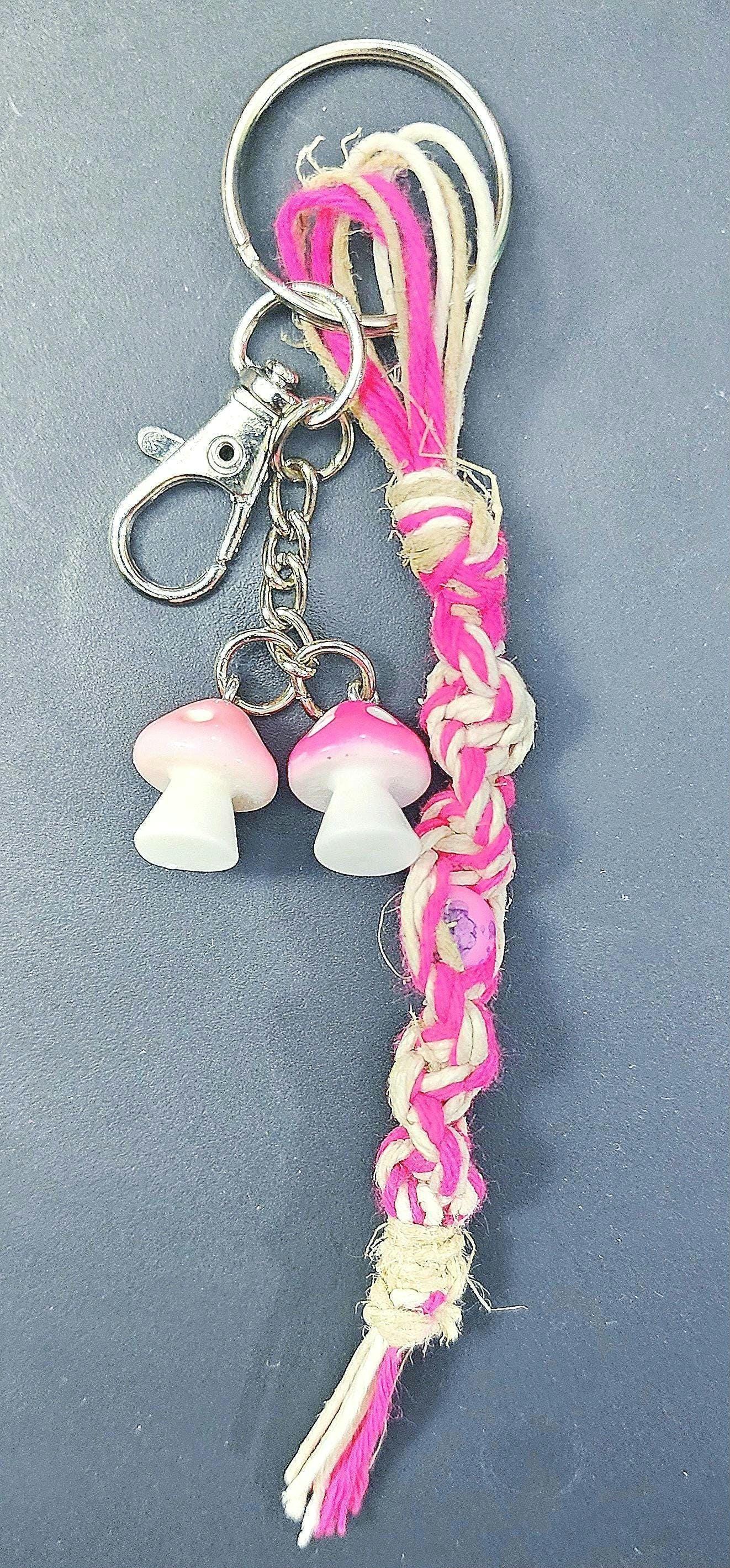 Handmade Hemp Keychain with Mushroom & Glass Beads - Thumbnail 2