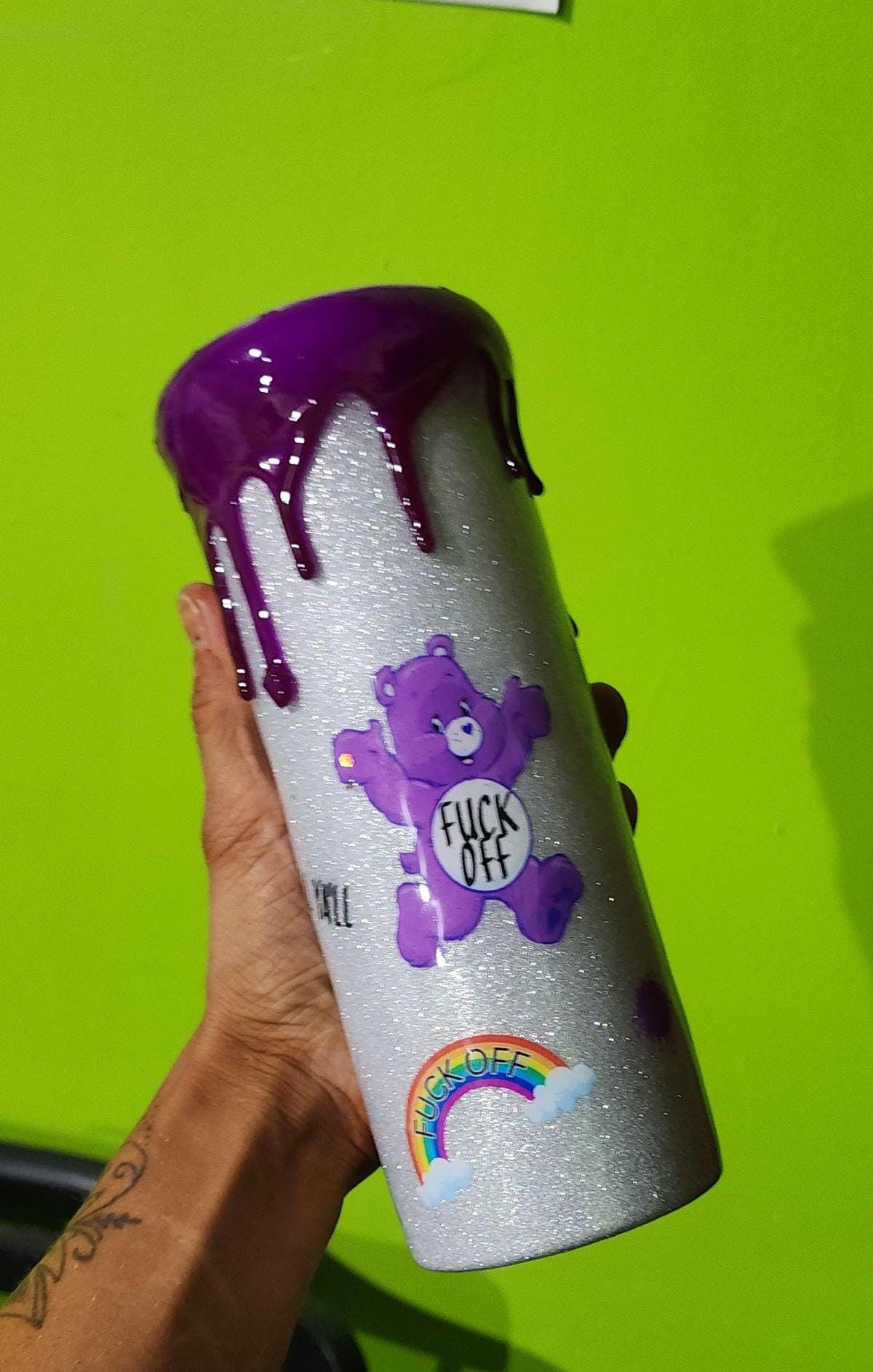 Purple Swear Bear Epoxy Tumbler: Snarky Glitter "Fuck Off" Cup - Thumbnail 5
