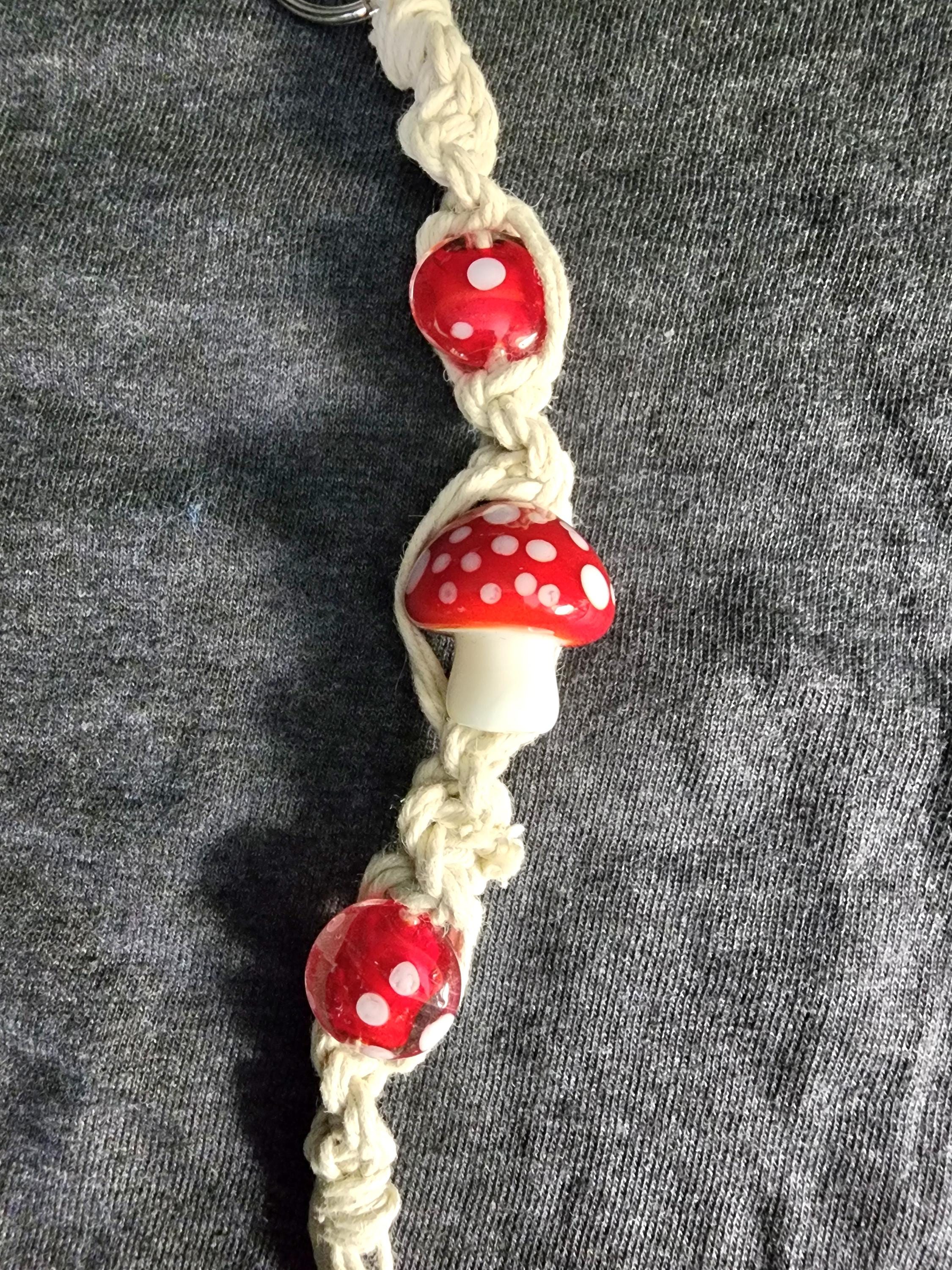 Handmade Hemp Mushroom Keychain with Glass Beads - Thumbnail 6