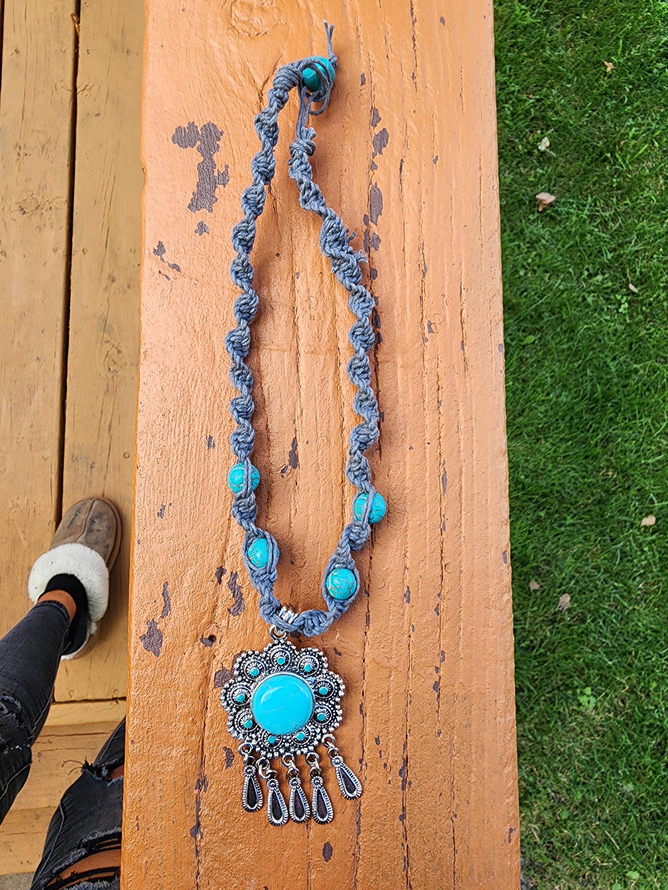 Handmade Hemp Necklace with Turquoise Pendant - Thumbnail 4