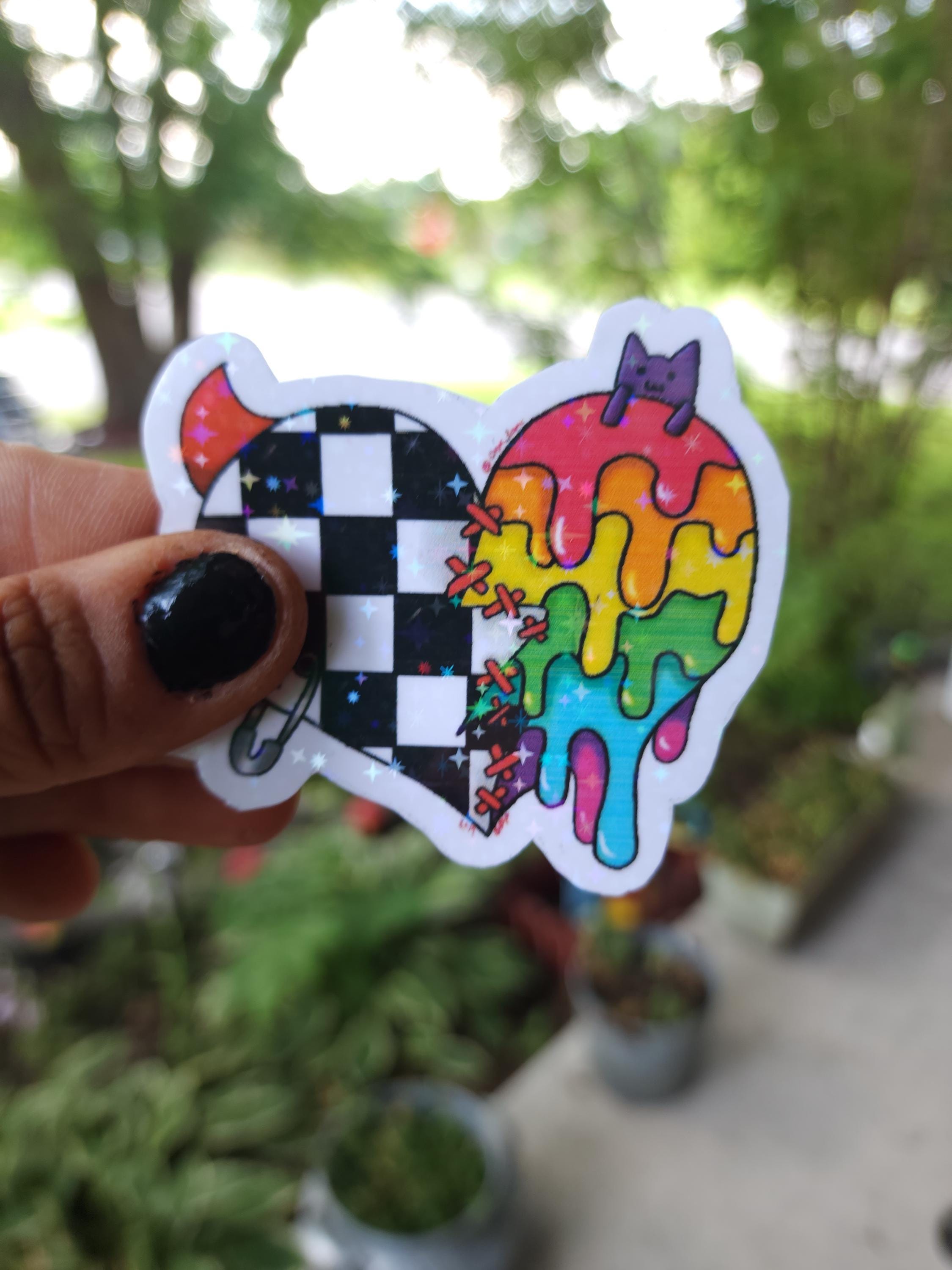 Broken Heart Vinyl Sticker: Punky Checkered Design with Stitches - Thumbnail 2