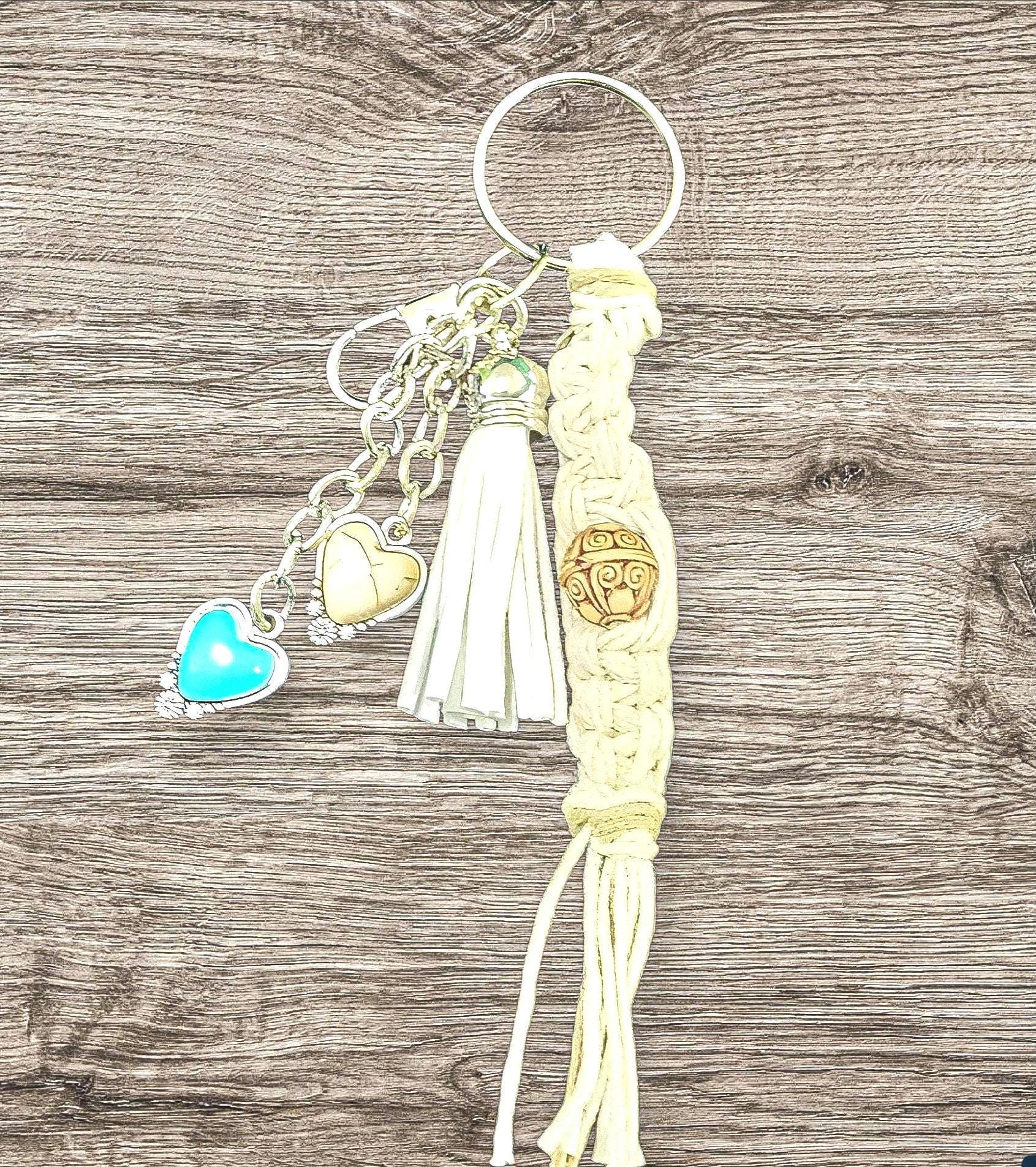 Handmade Hemp Keychain: Heart Charms & Glass Beads - Thumbnail 7