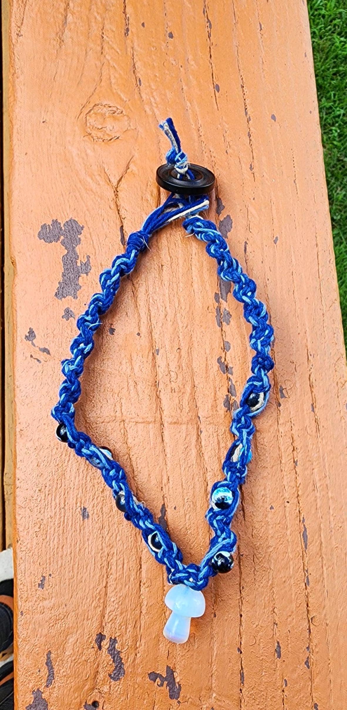 Handmade Blue Hemp Necklace: Pearlescent Mushroom Bead - Thumbnail 2