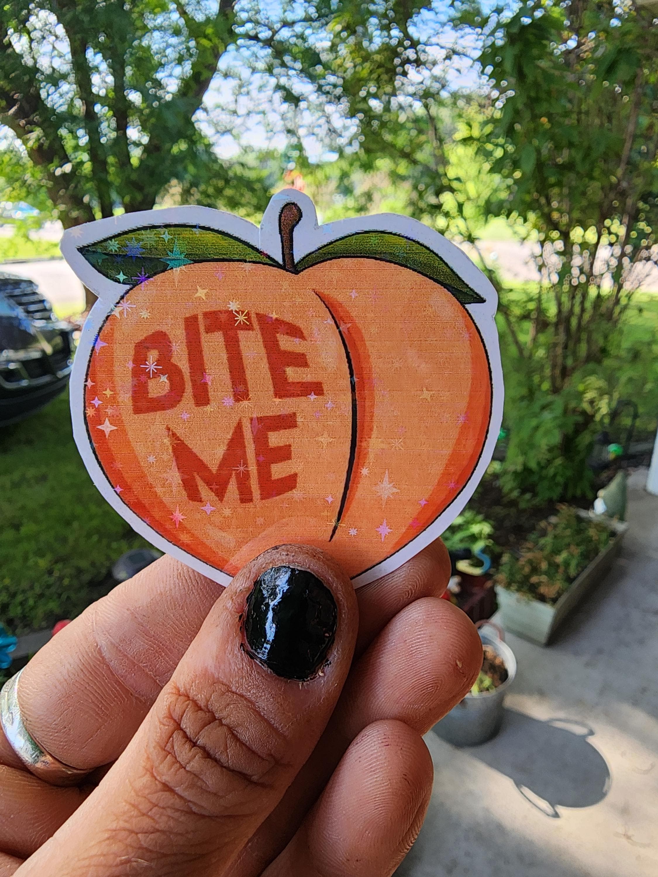 Bite Me Sticker – Sassy Peach Vinyl (3x3 in) | Cute But Rude Waterproof Sticker for Laptops, Water Bottles & Chaos Queens - Thumbnail 2