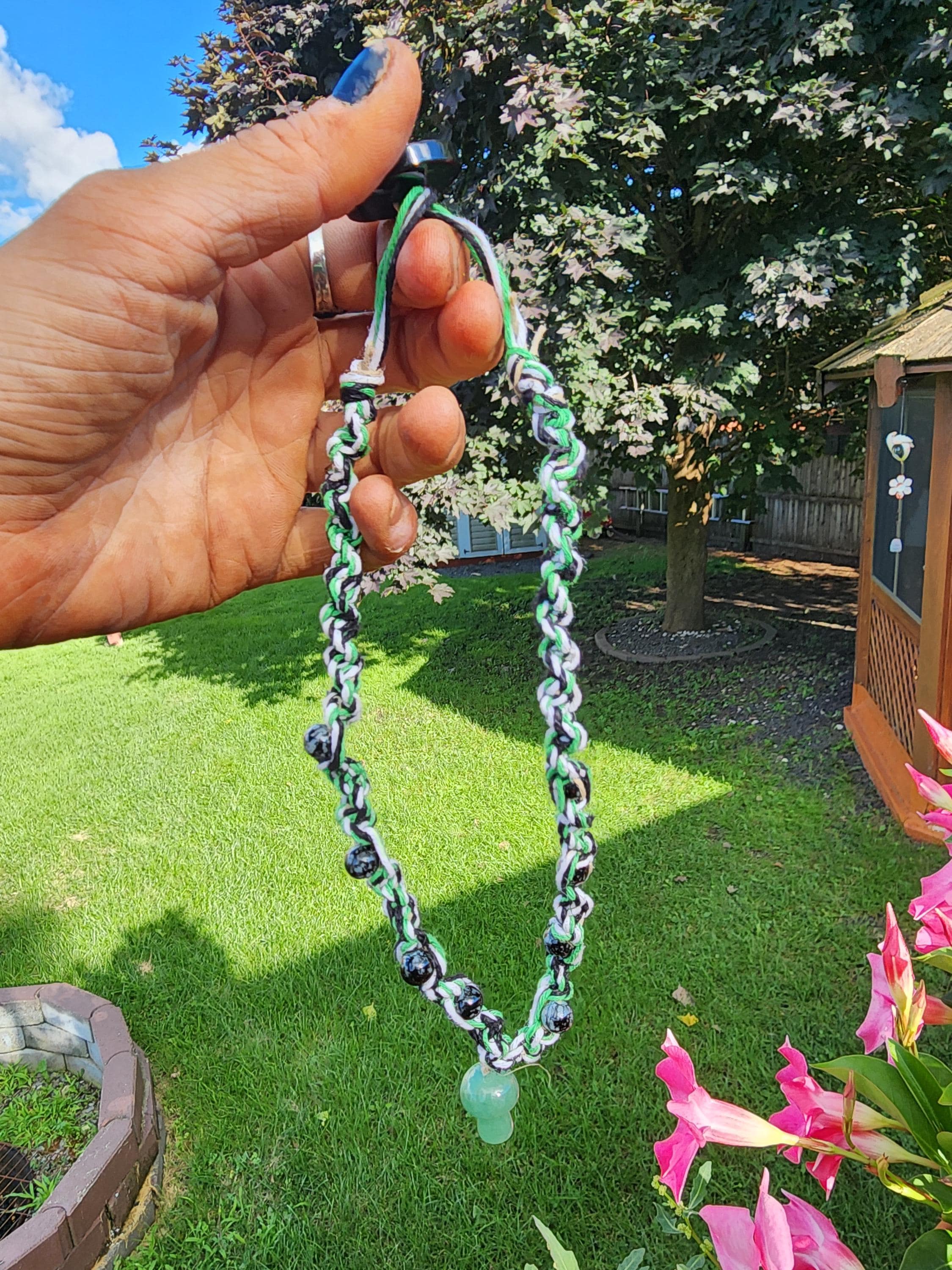 Handmade Hemp Necklace: Green Glass Mushroom Bead