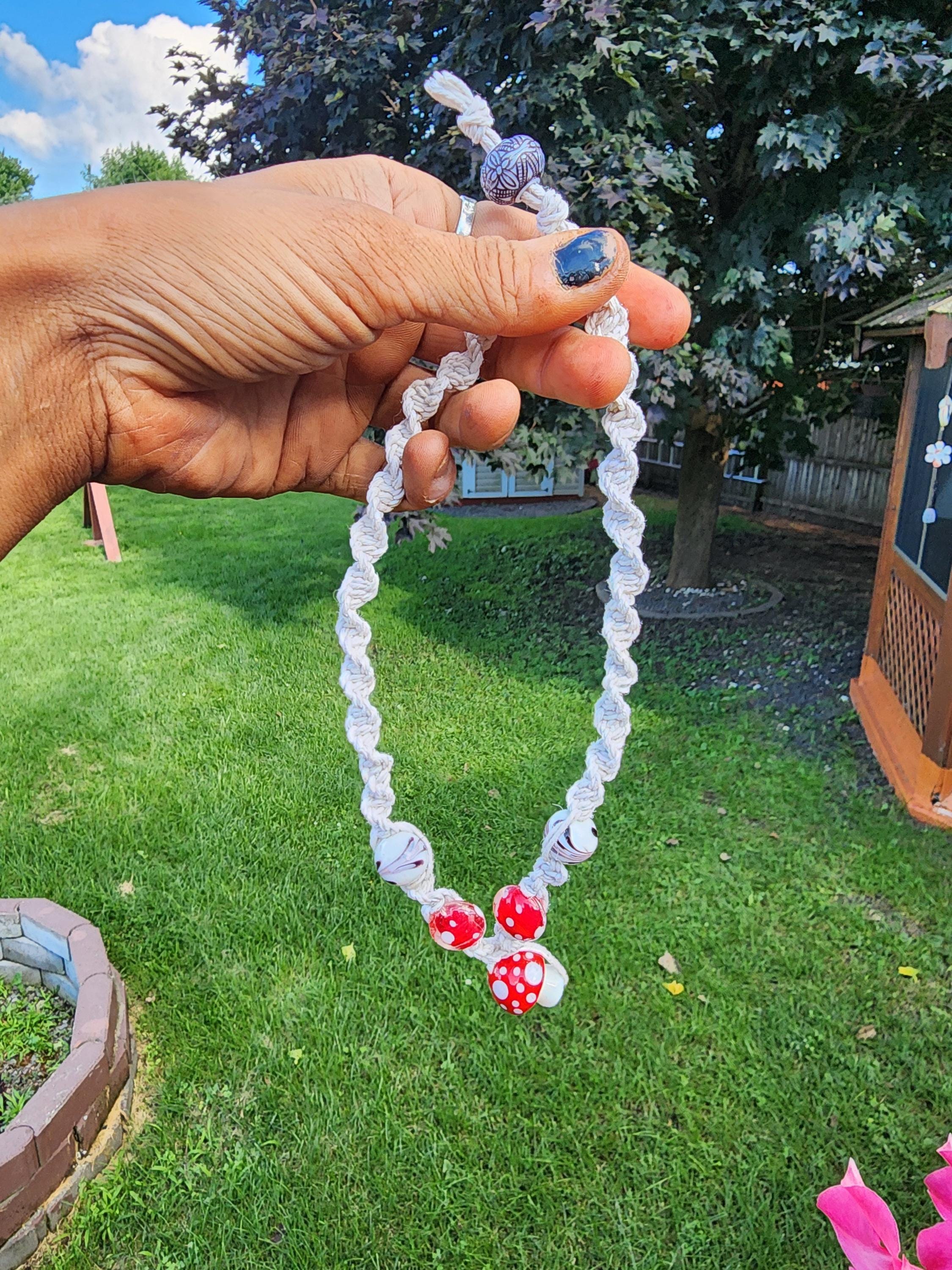 Handmade Hemp Mushroom Necklace with Glass Beads - Thumbnail 7