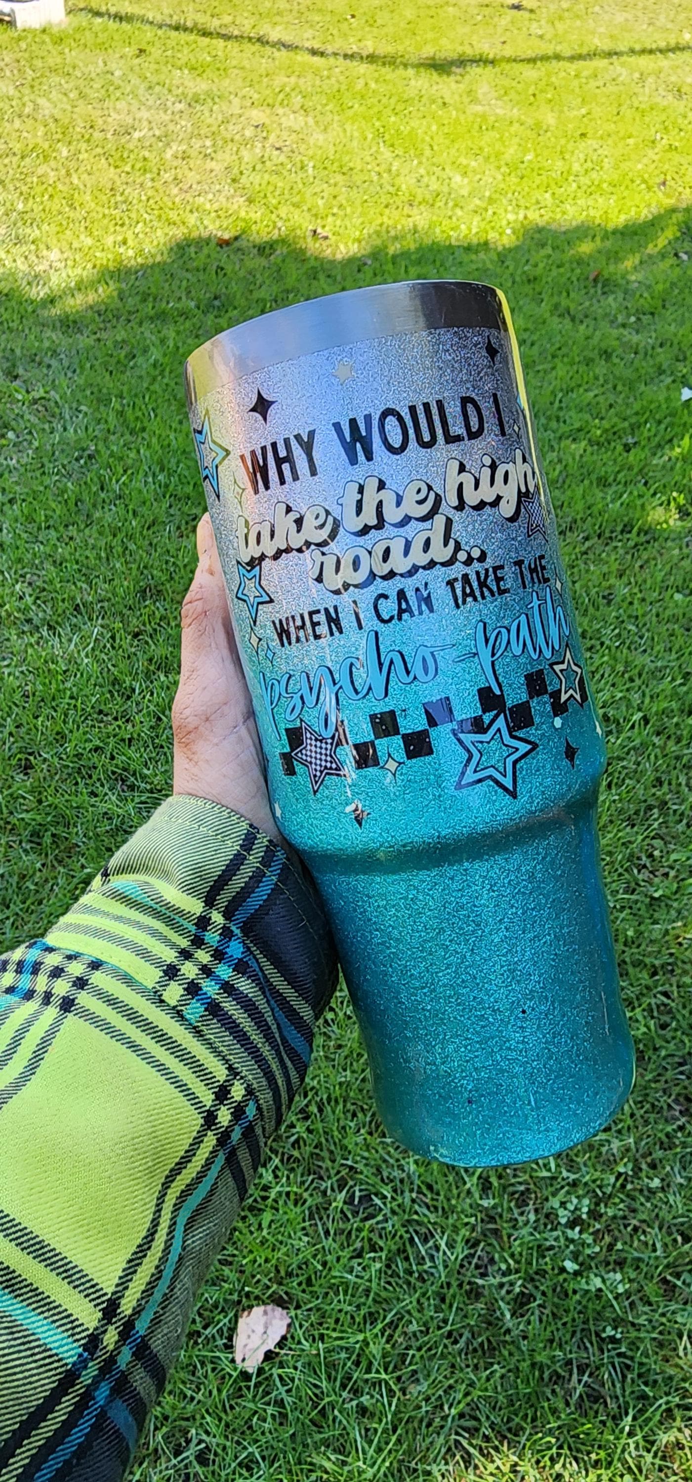 Why Take the High Road When You Can Take the Psycho Paths – 30oz Glitter Epoxy Tumbler | Silver & Light Blue Sarcastic Cup - Thumbnail 3