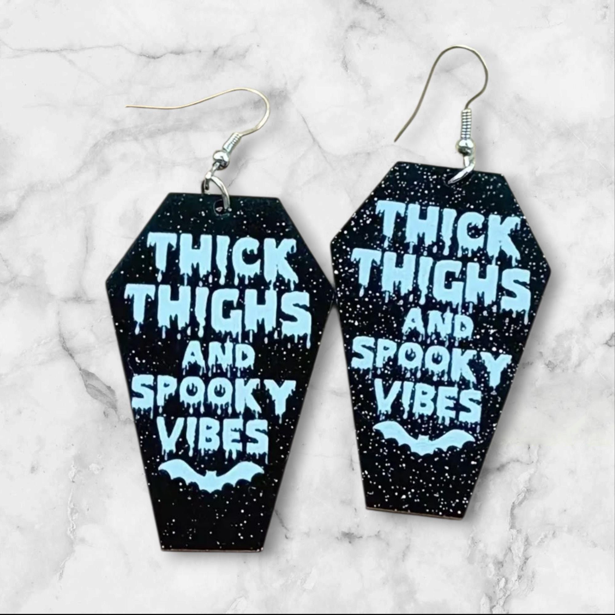 Coffin Halloween Earrings: Thick Thighs Spooky Vibes, Black Acrylic - Thumbnail 5