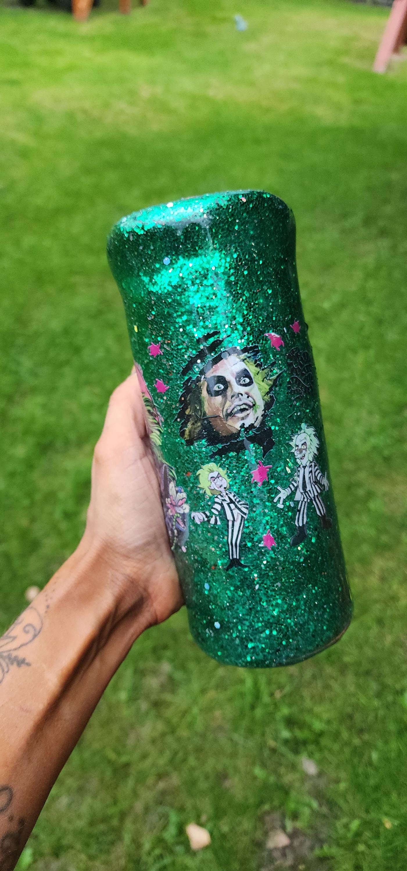 Beetlejuice Tumbler: Neon Green Glitter Drip, Spooky Stainless Steel Cup - Thumbnail 7