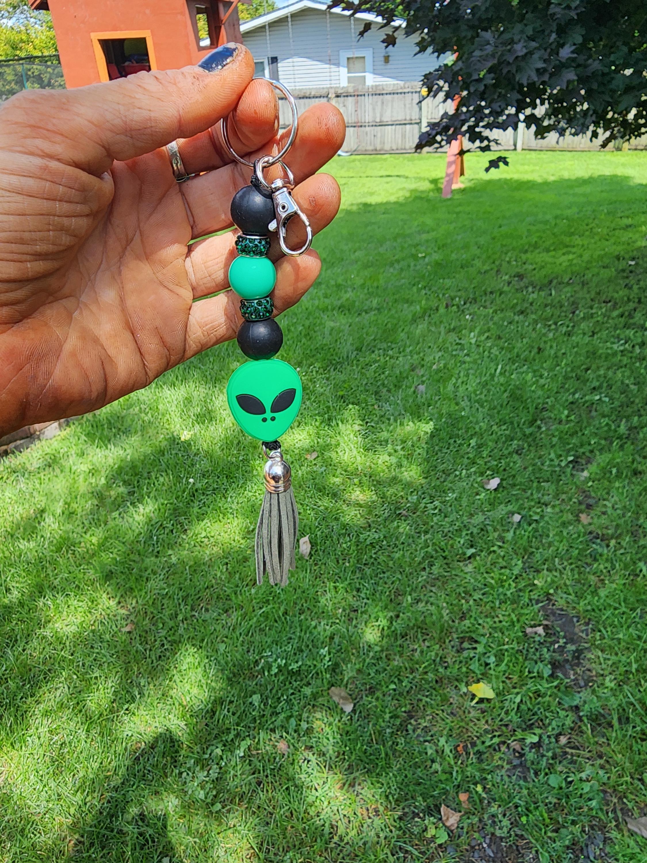 Green Alien Head Keychain: Space Babe Beads, UFO Gift
