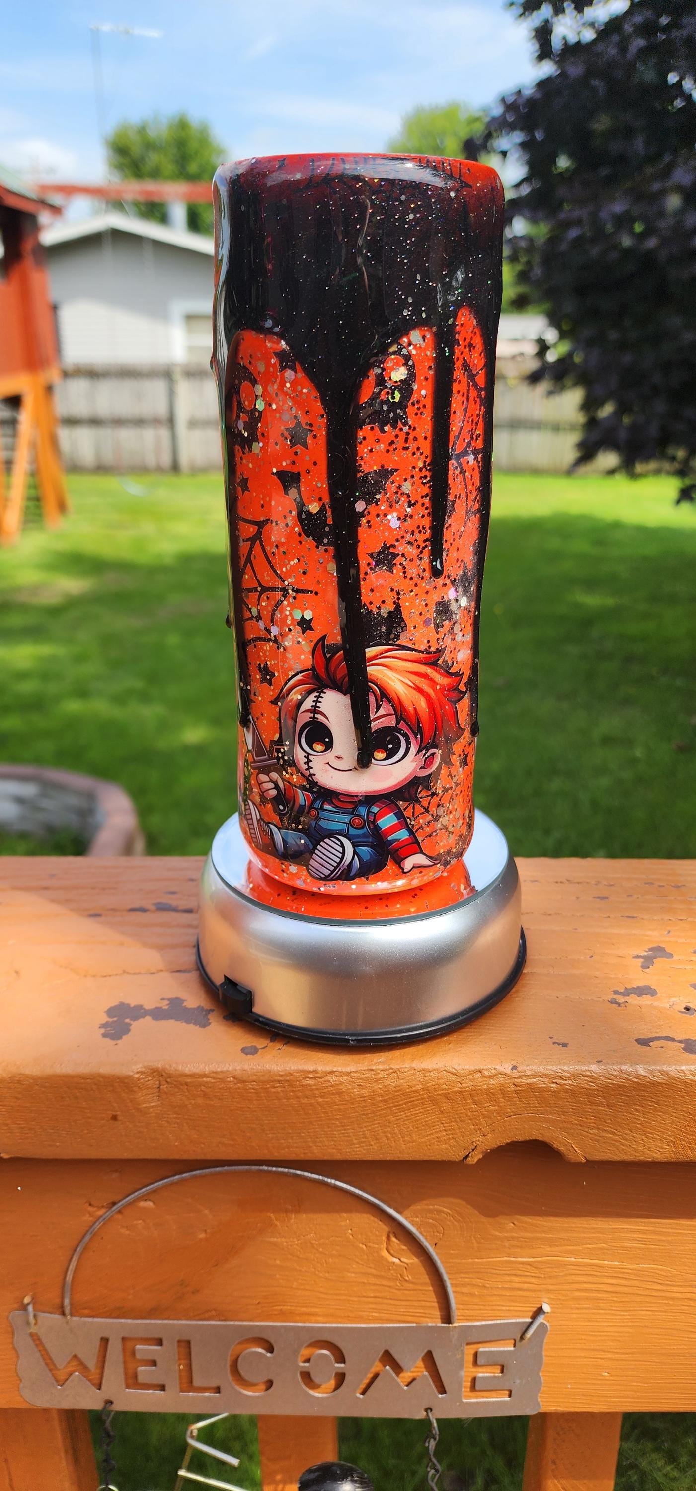 Orange Drip Horror Tumbler: 20oz Halloween Glitter Epoxy Cup - Thumbnail 5