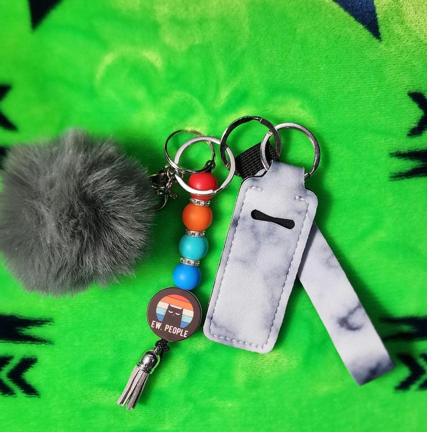 Ew People Cat Keychain Set | Funny Cat Lover Keychain with Pom, Lanyard & Hand Sanitizer Holder | Sassy Anti-Social Energy - Thumbnail 7