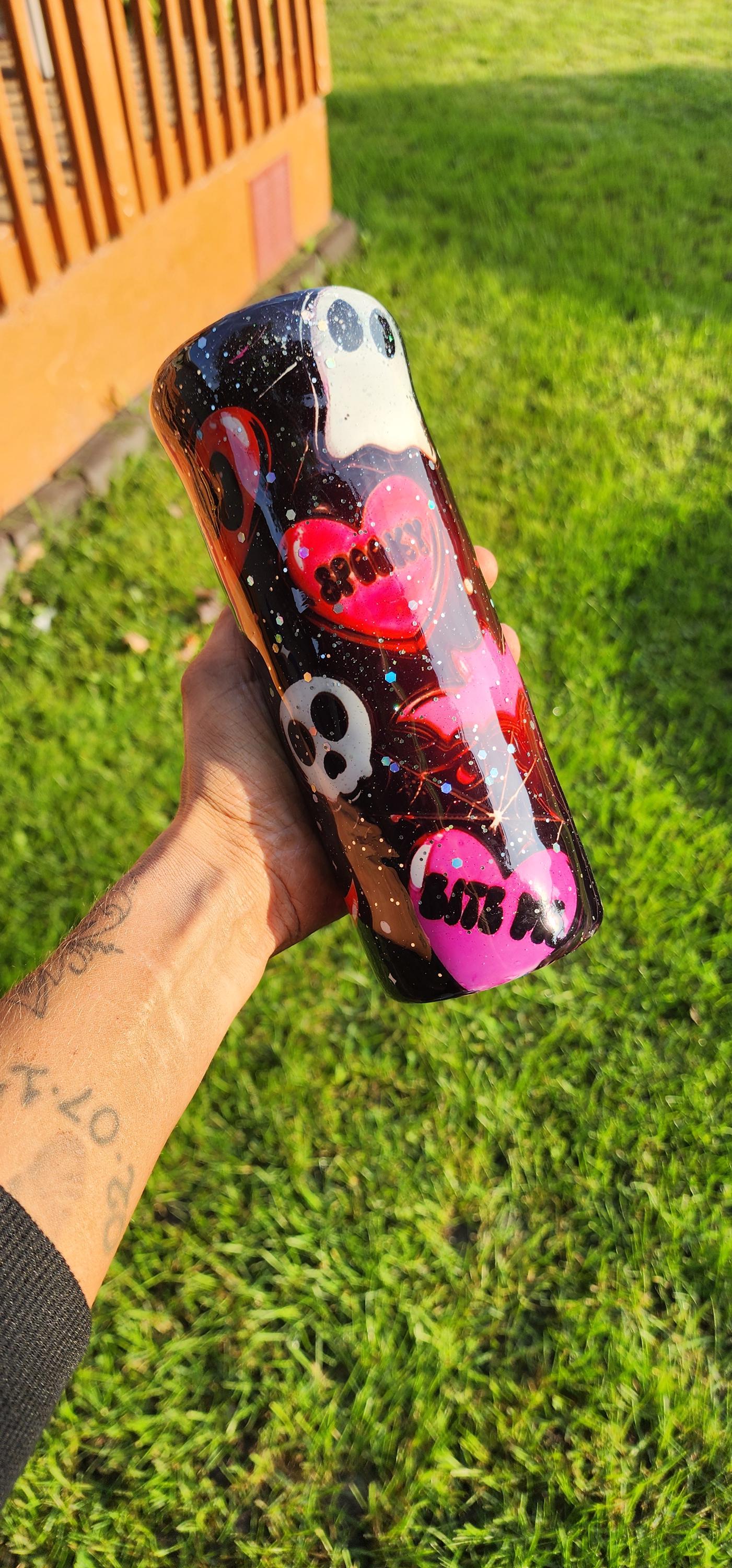 Skull & Heart Glitter Tumbler: Gothic Glam Stainless Steel Cup - Thumbnail 7