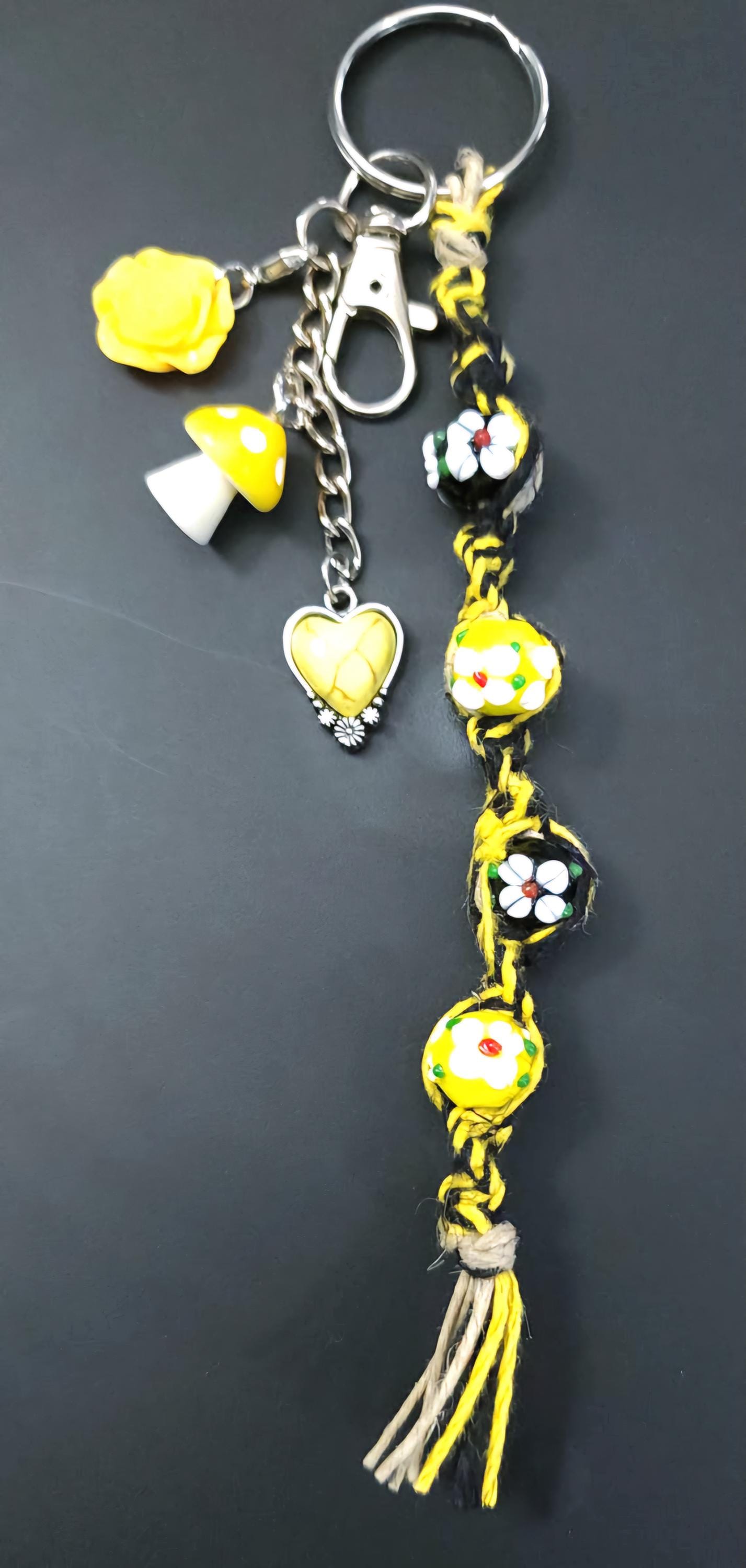 Handmade Hemp Keychain: Yellow Flower Beads and Mushroom