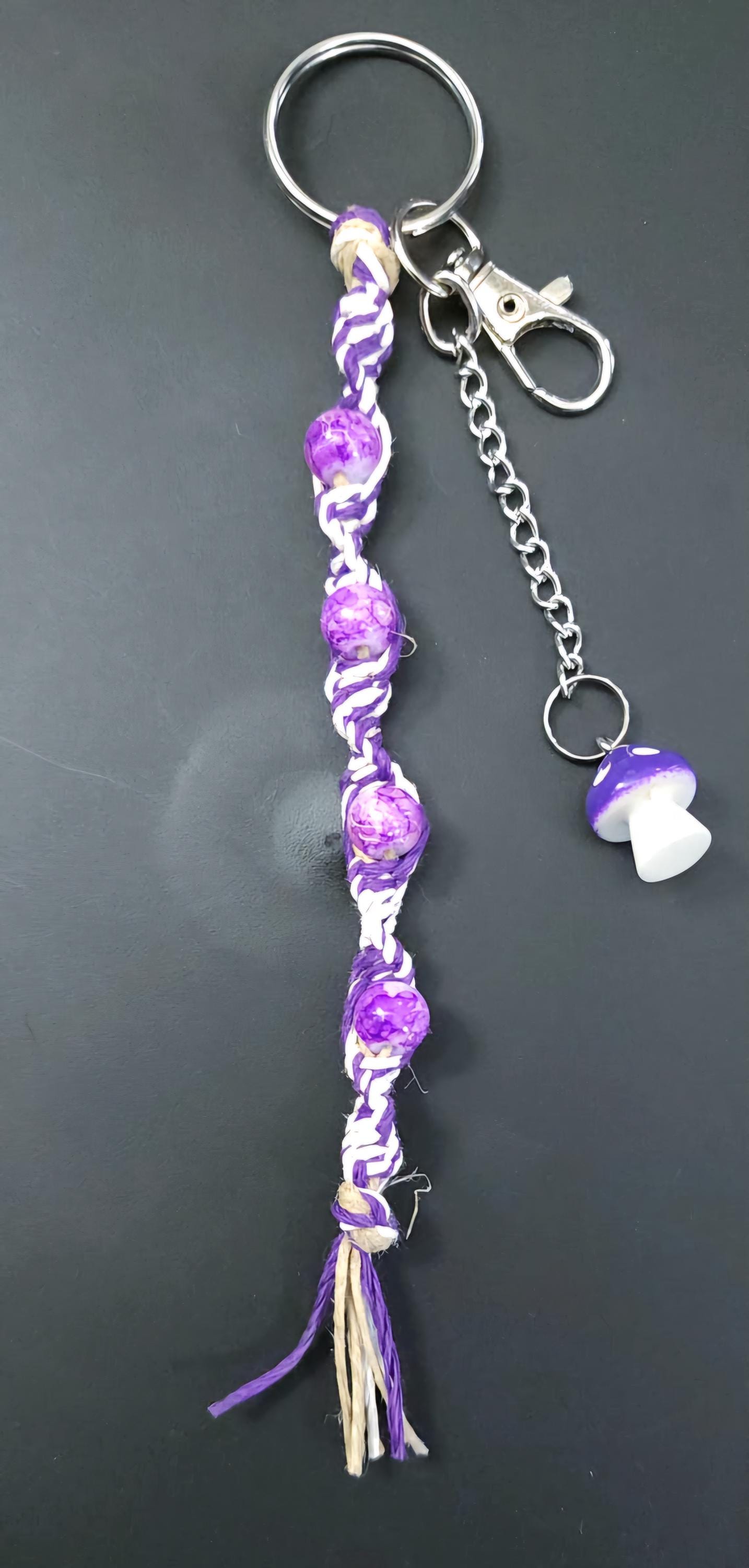 Handmade Hemp Keychain: Purple Mushroom Bead, Glass Beads - Thumbnail 4