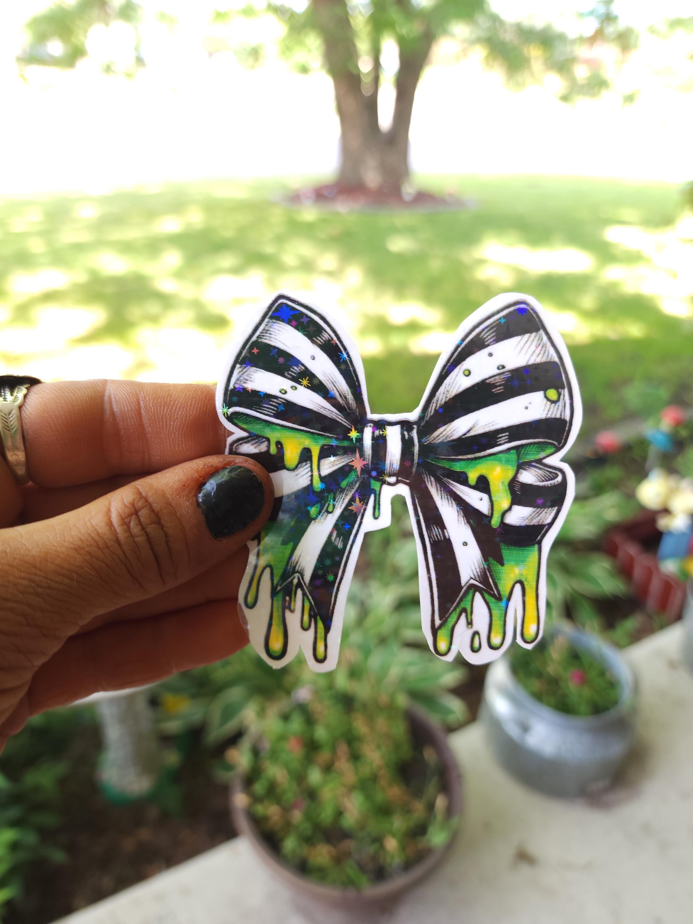Gothic Bow Vinyl Sticker: Black & White Stripes with Neon Green Slime - Thumbnail 6
