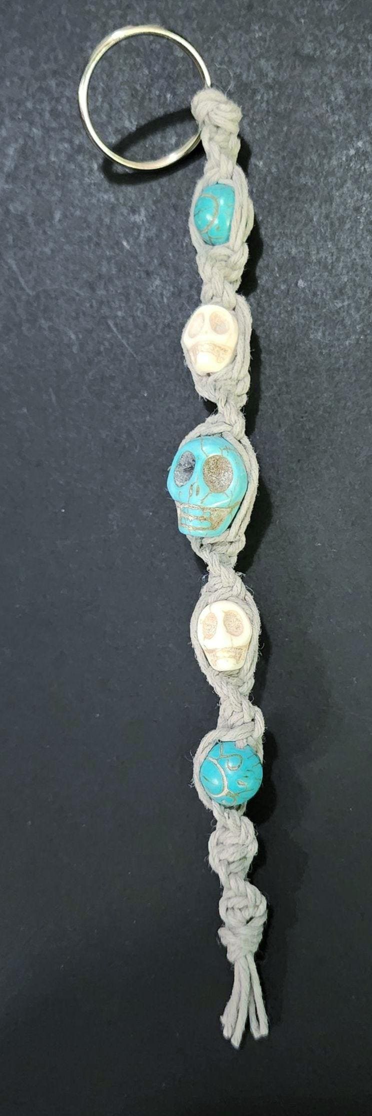 Handmade Hemp Skull Keychain: Turquoise & White