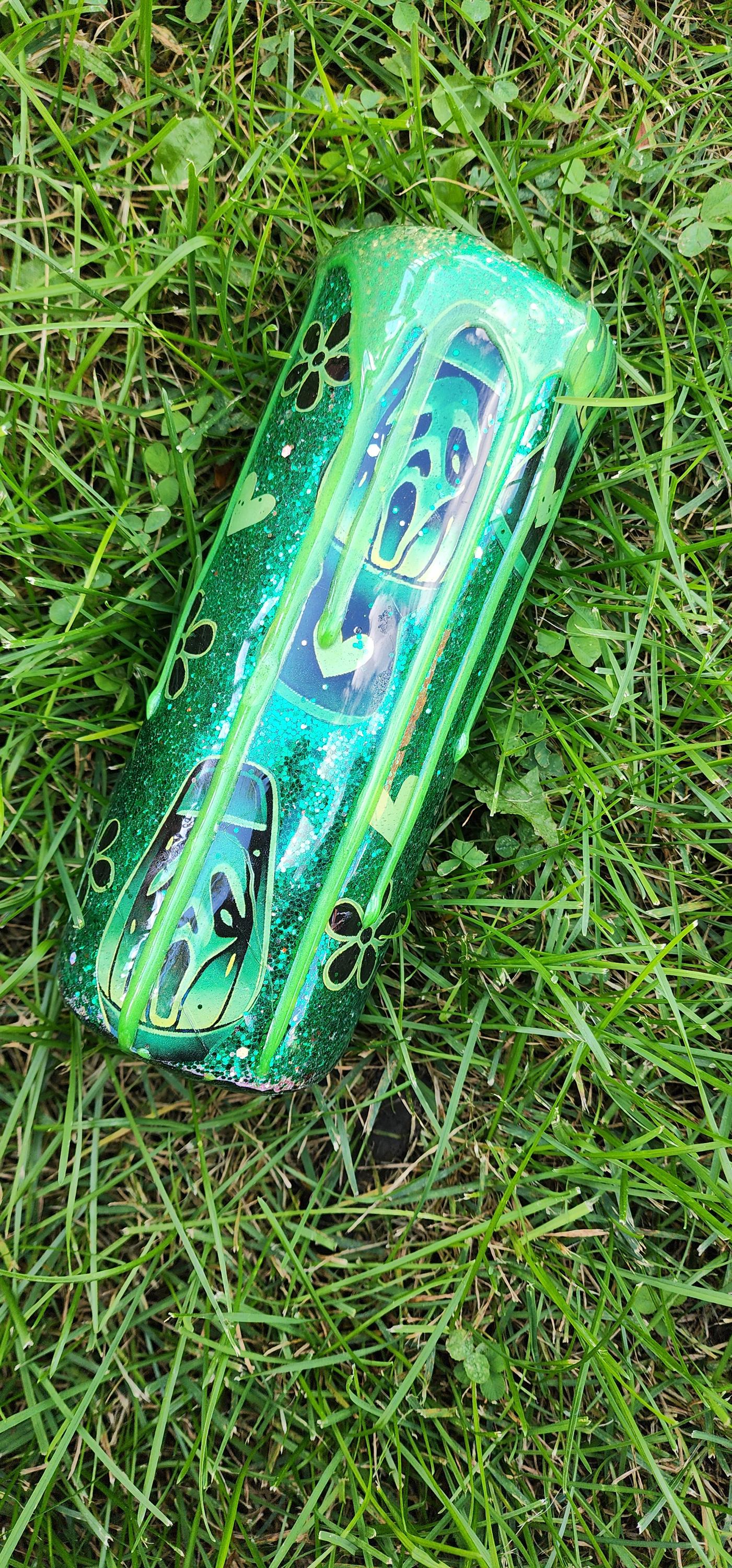 Green Glitter Ghost Face Tumbler: Spooky Drip Lava Lamp Cup - Thumbnail 2