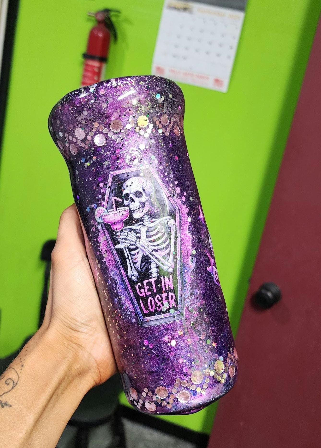 Purple Glitter Skeleton Tumbler: Spooky Goth Drinkware - Thumbnail 3
