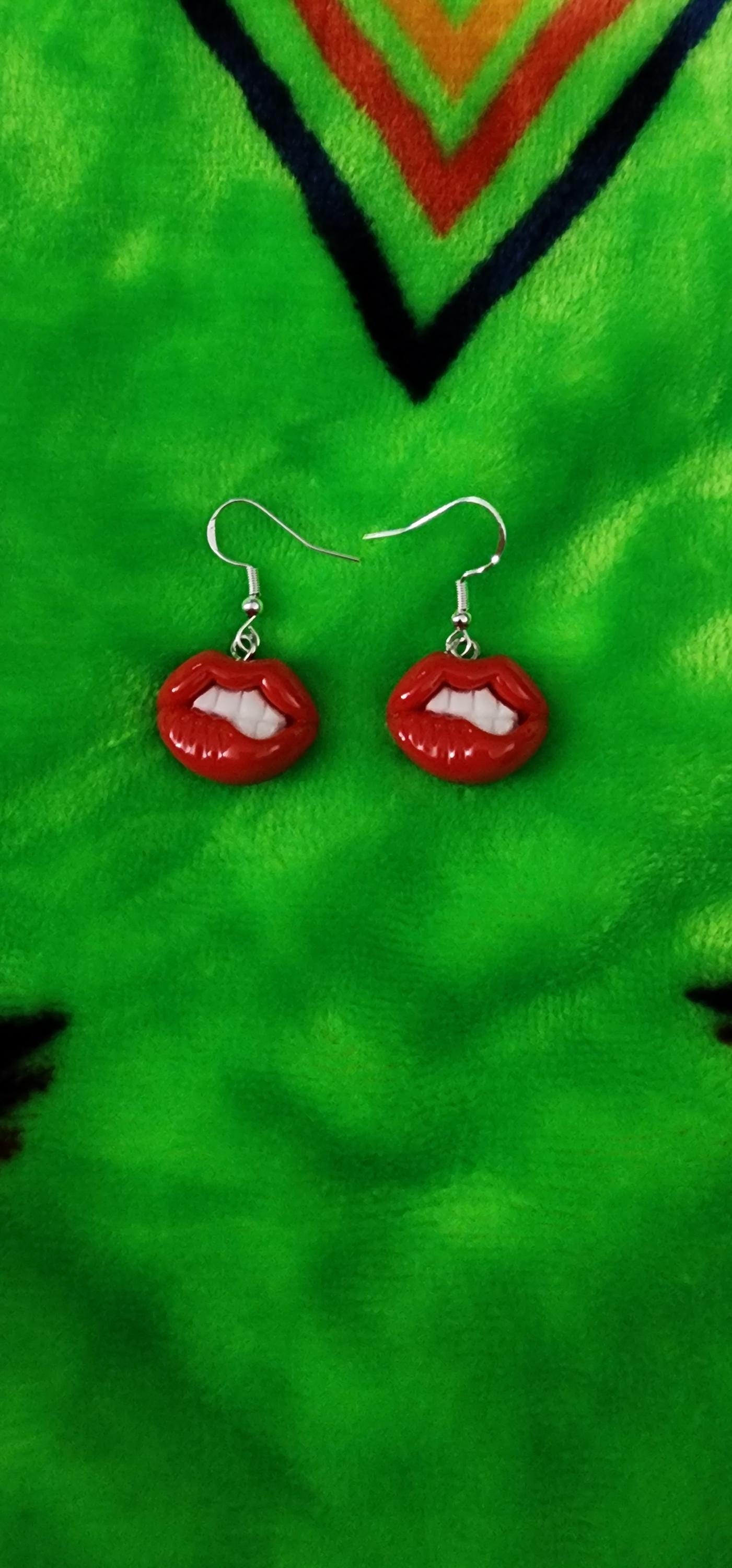 Playful Biting Lip Earrings: Handmade Polymer Clay Dangle Jewelry - Thumbnail 5