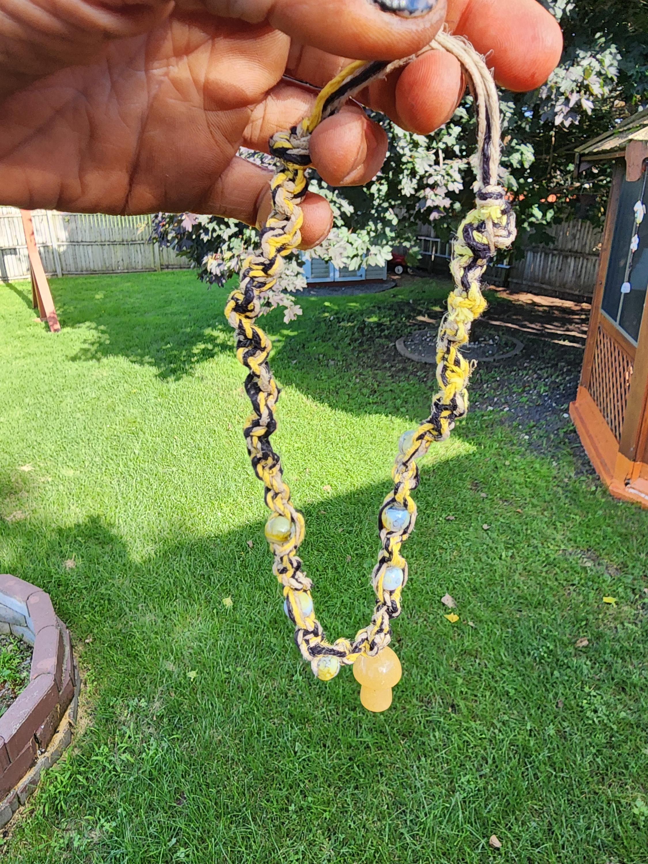 Hemp Necklace with Yellow Glass Mushroom Bead - Ecofriendly Black, White & Yellow Boho Jewelry for Men and Women - Thumbnail 7