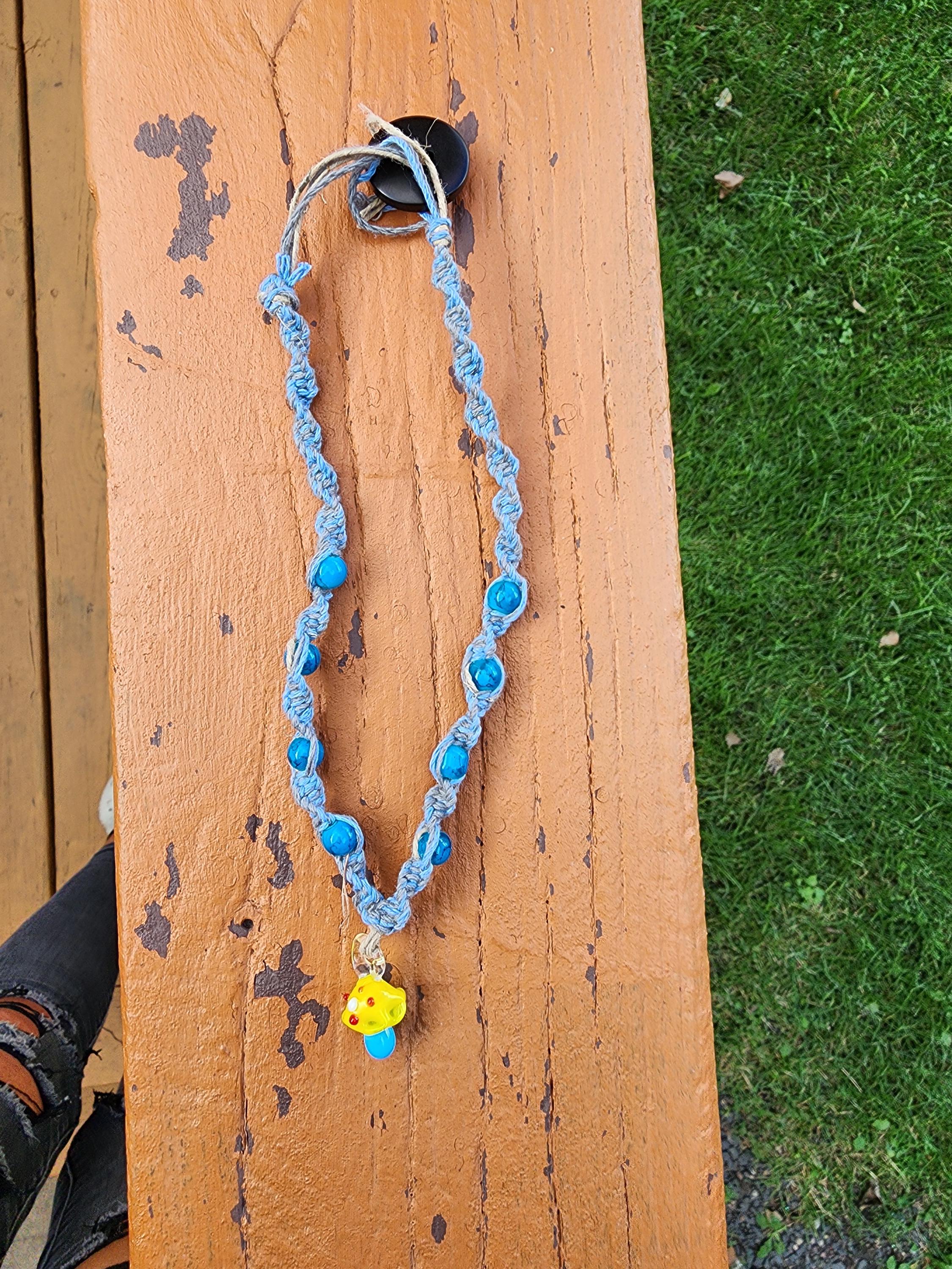 Hemp Necklace: Boho Light Blue Gray Cord with Glass Mushroom Bead - Thumbnail 7
