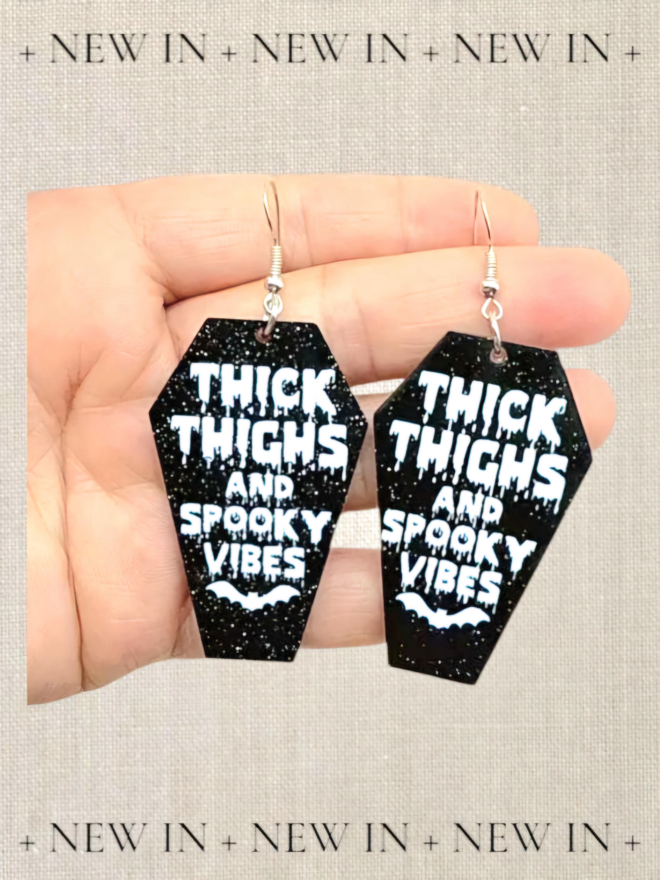 Coffin Halloween Earrings: Thick Thighs Spooky Vibes, Black Acrylic - Thumbnail 2