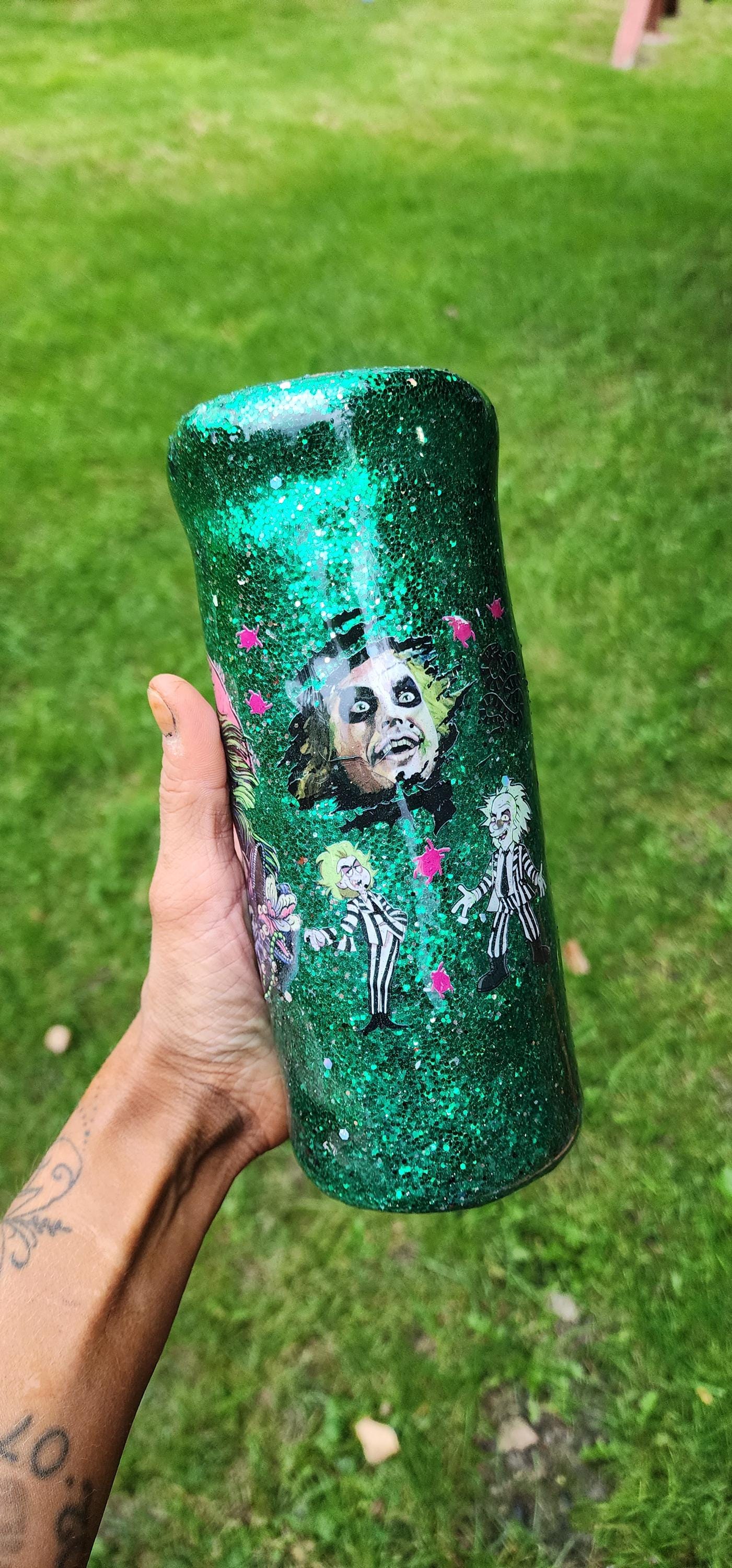 Beetlejuice Tumbler: Neon Green Glitter Drip, Spooky Stainless Steel Cup - Thumbnail 6