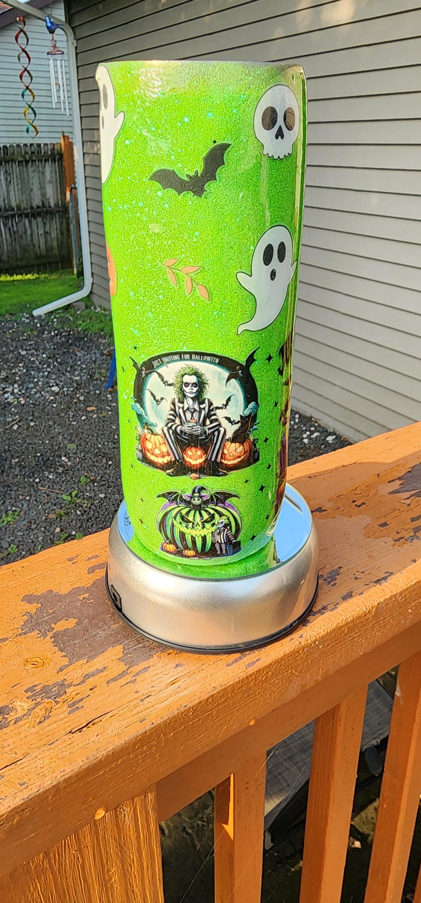 Beetlejuice Tumbler: Lime Green Spooky Sparkle Stainless Steel Cup - Thumbnail 6