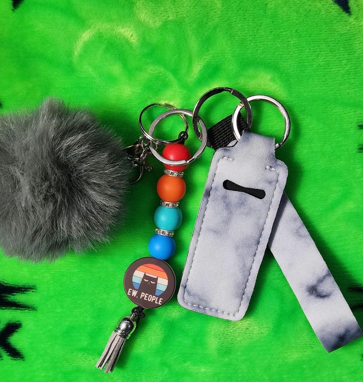 Ew People Cat Keychain Set | Funny Cat Lover Keychain with Pom, Lanyard & Hand Sanitizer Holder | Sassy Anti-Social Energy - Thumbnail 5