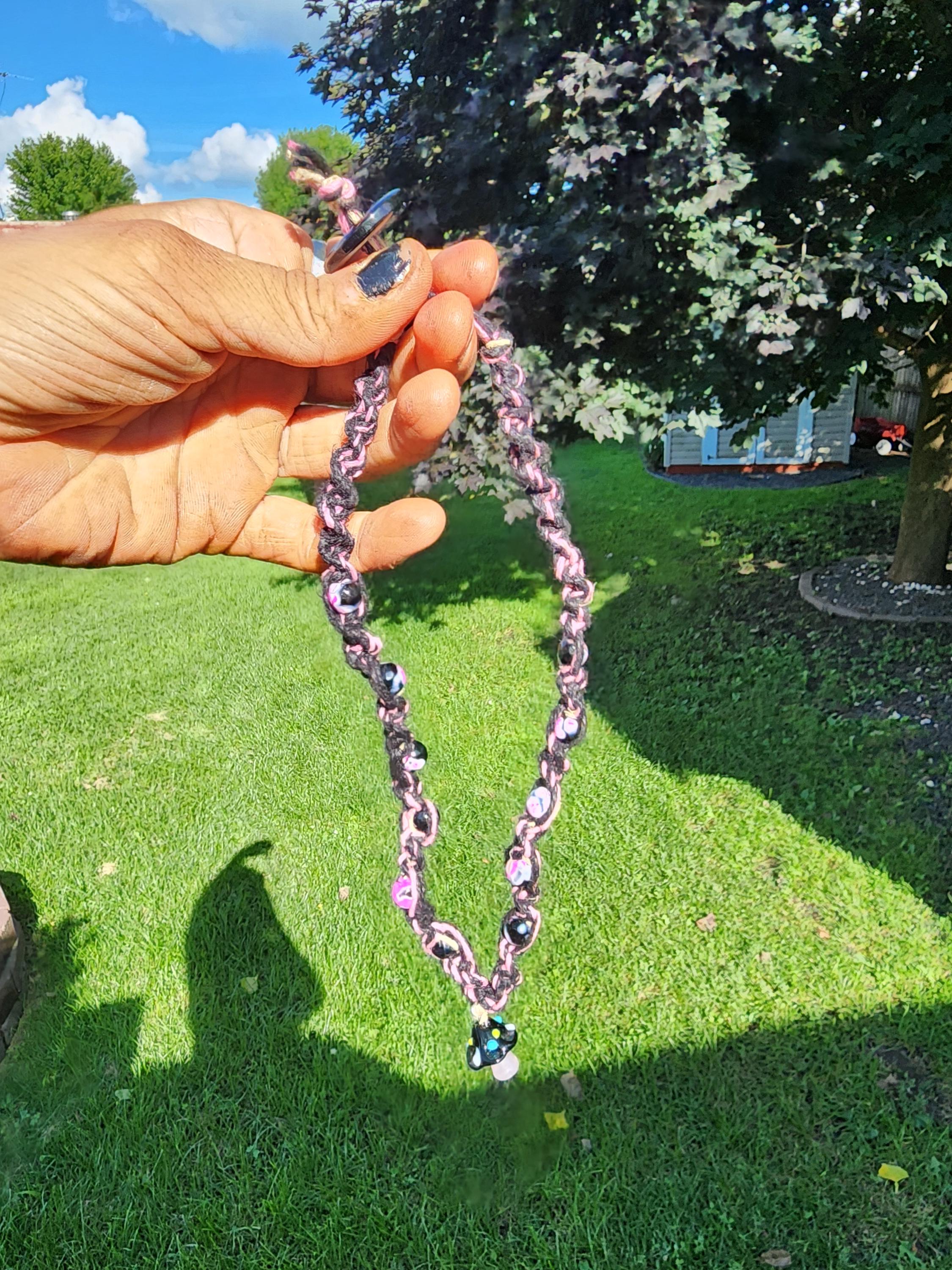 Pink & Black Hemp Necklace: Mushroom Pendant, Boho Alt Jewelry - Thumbnail 3