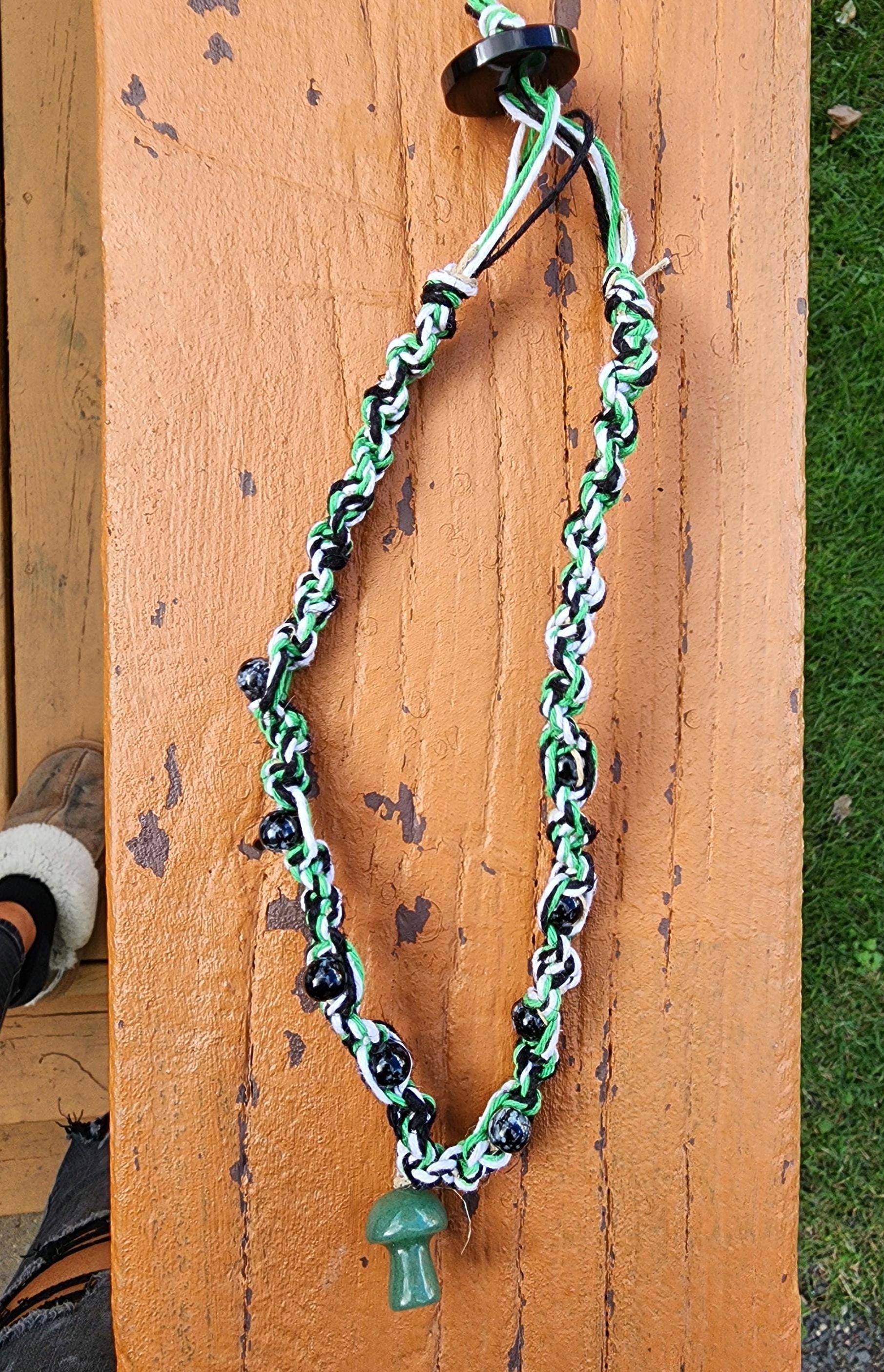 Handmade Hemp Necklace: Green Glass Mushroom Bead - Thumbnail 2