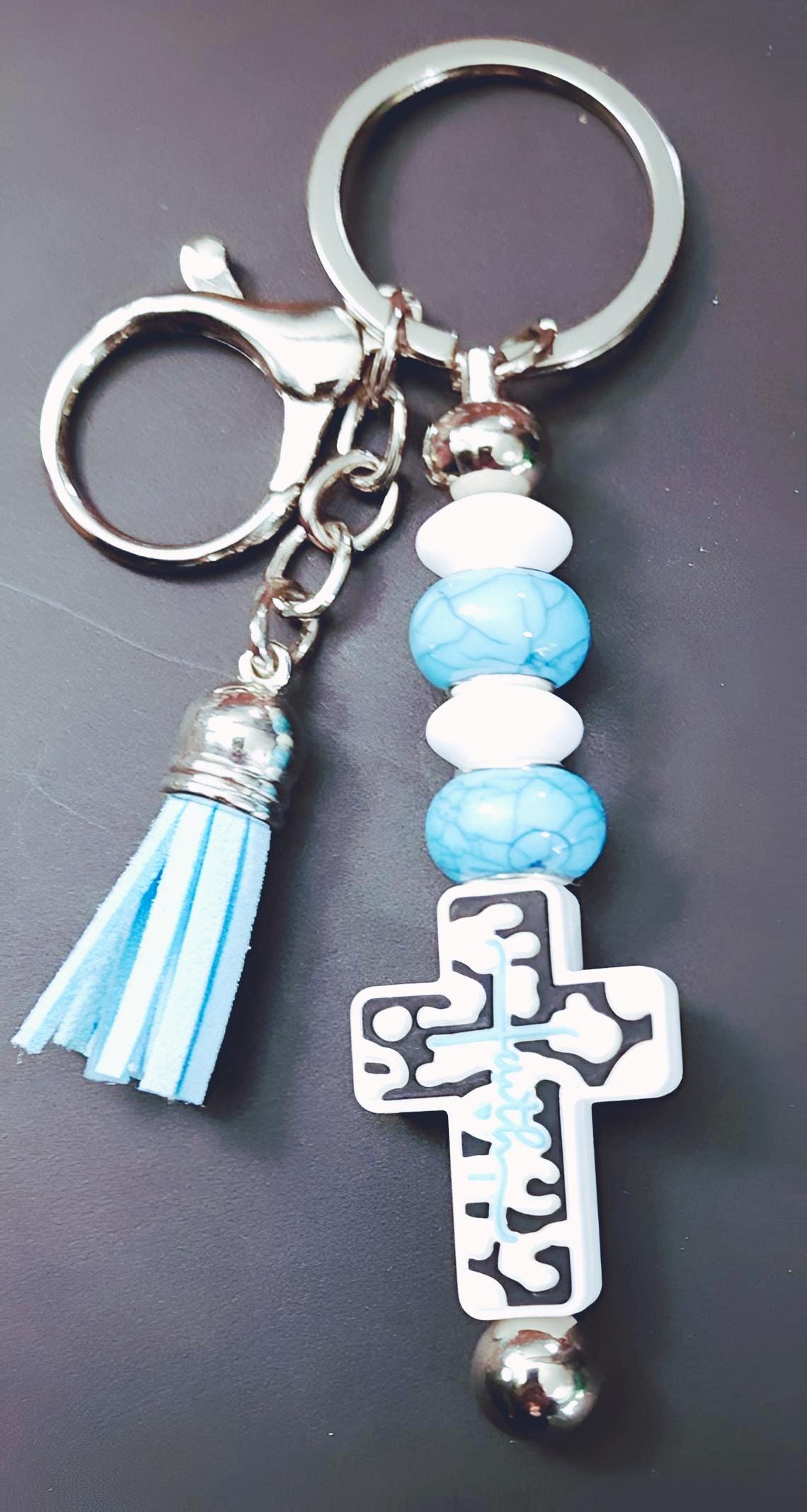 Handmade Faith Cross Keychain: Green Beaded Charm - Thumbnail 6